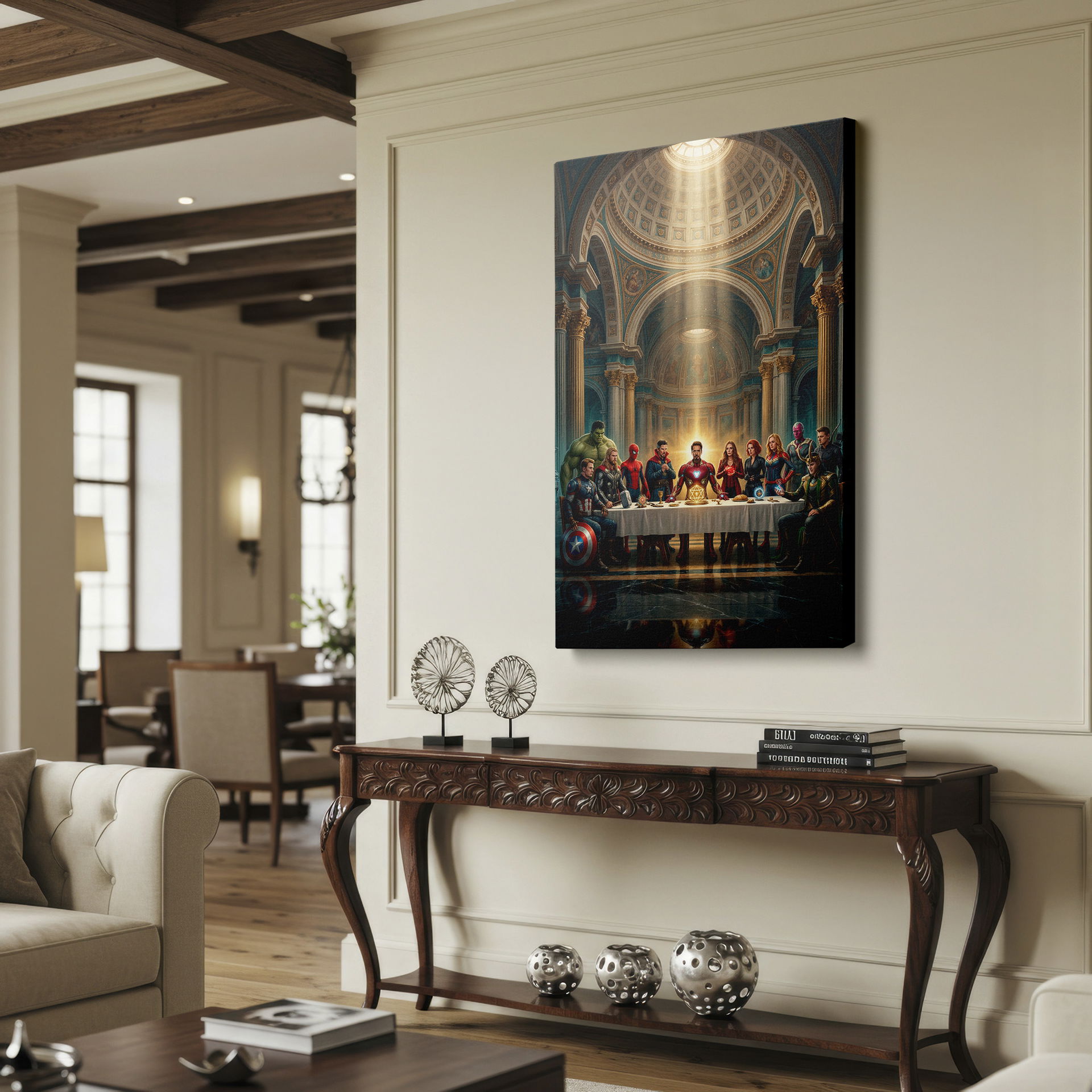 Avengers reimagined in a Last Supper scene wall decor. Detailed canvas print blending pop culture and classical art.