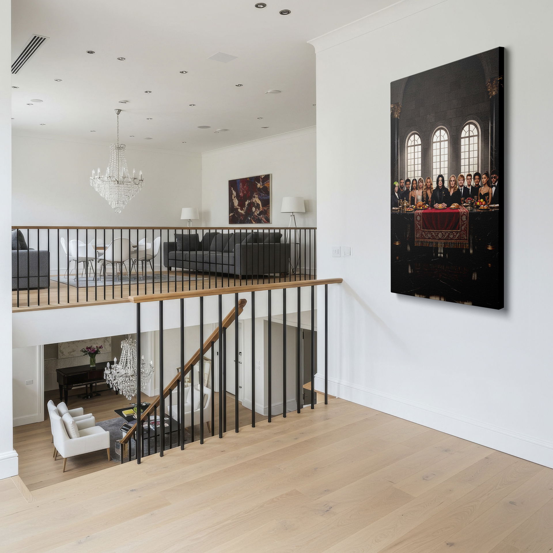 An opulent, Last Supper-themed Wrapped Canvas showcasing music legends in a gothic castle setting.