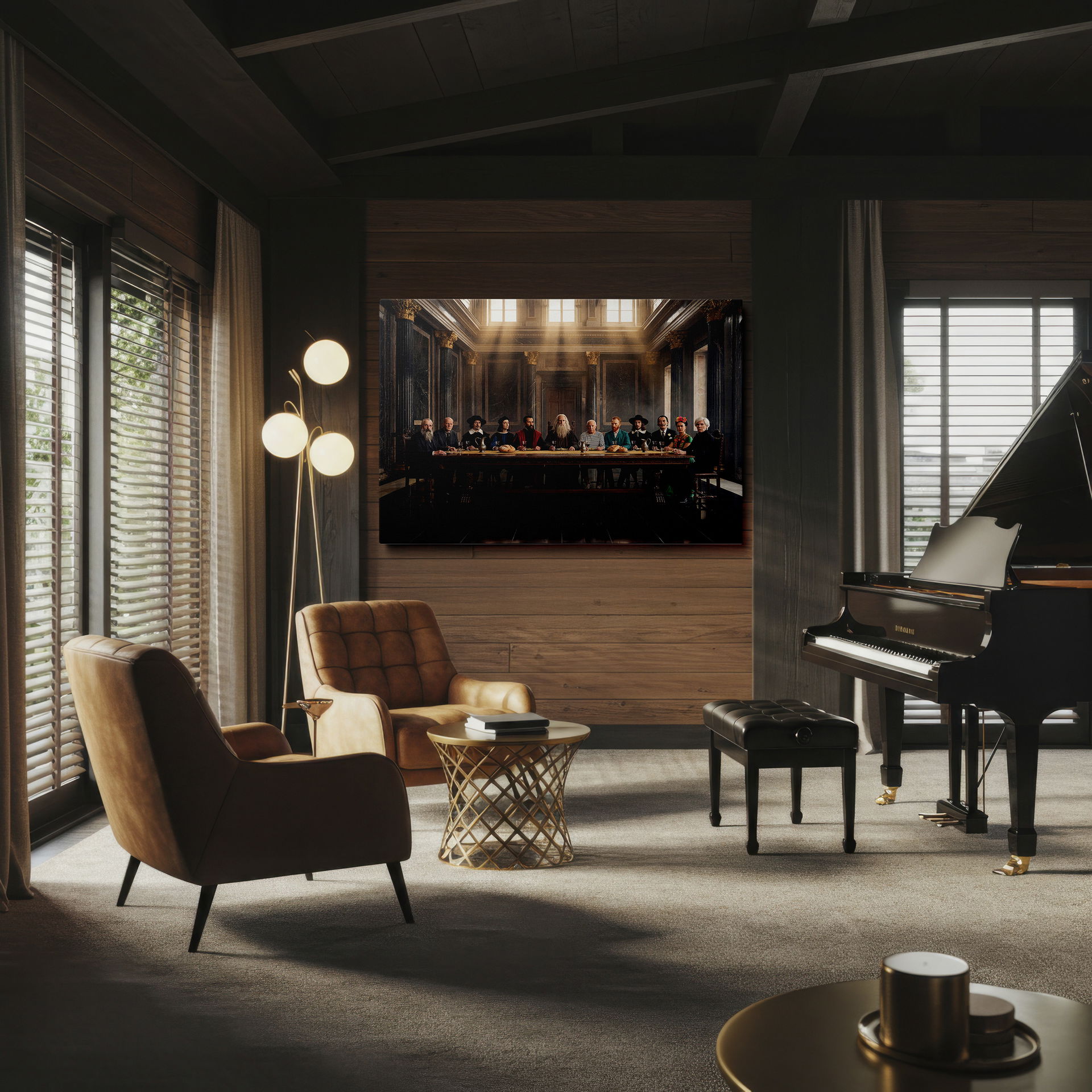 Wrapped Canvas showing famous artists like Van Gogh & Da Vinci at a supper, akin to The Last Supper.