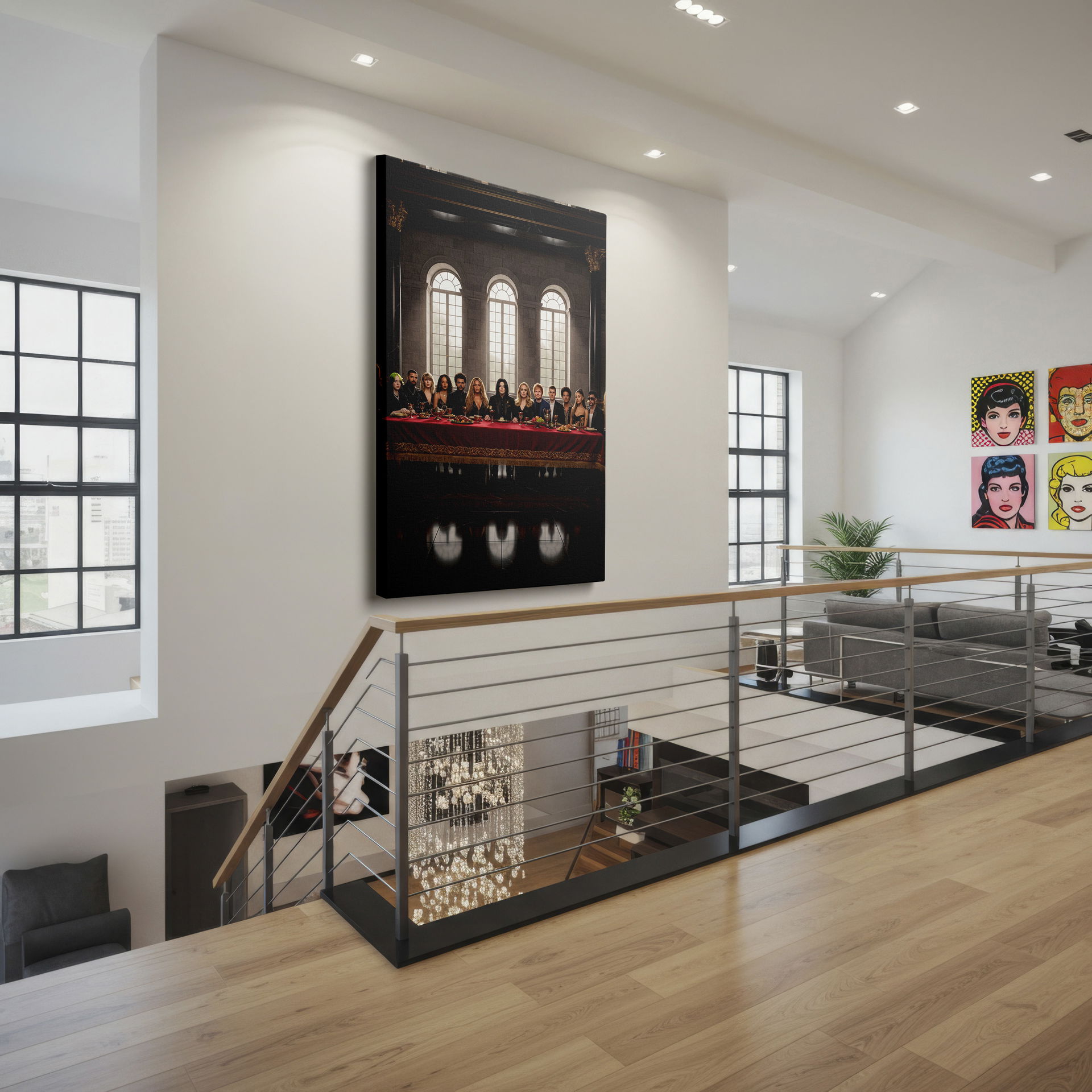 Wrapped Canvas showing famous pop stars in a modern 'Last Supper' scene; a unique piece of art.