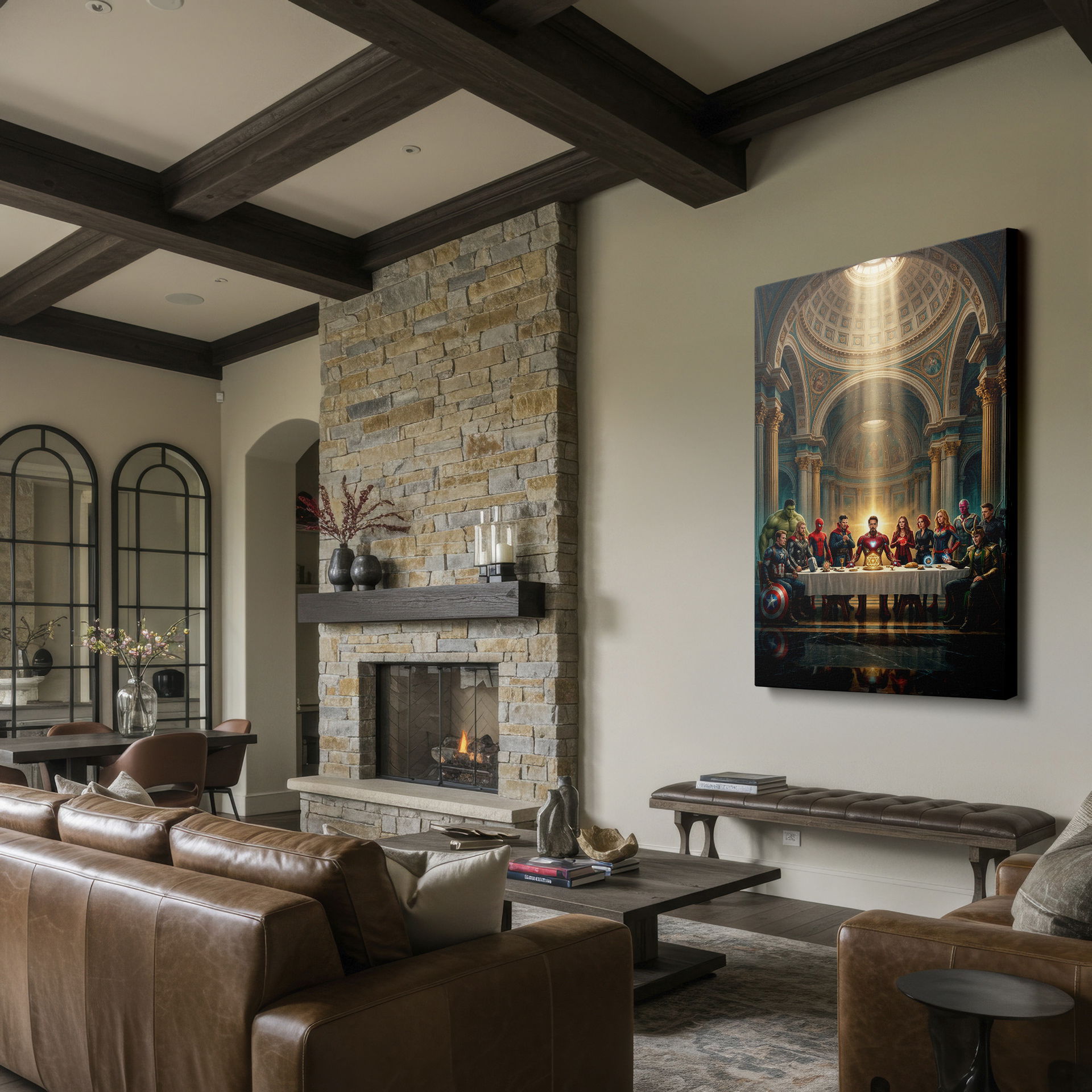 Wrapped Canvas depicting superheroes at a table in a grand, classically designed building.