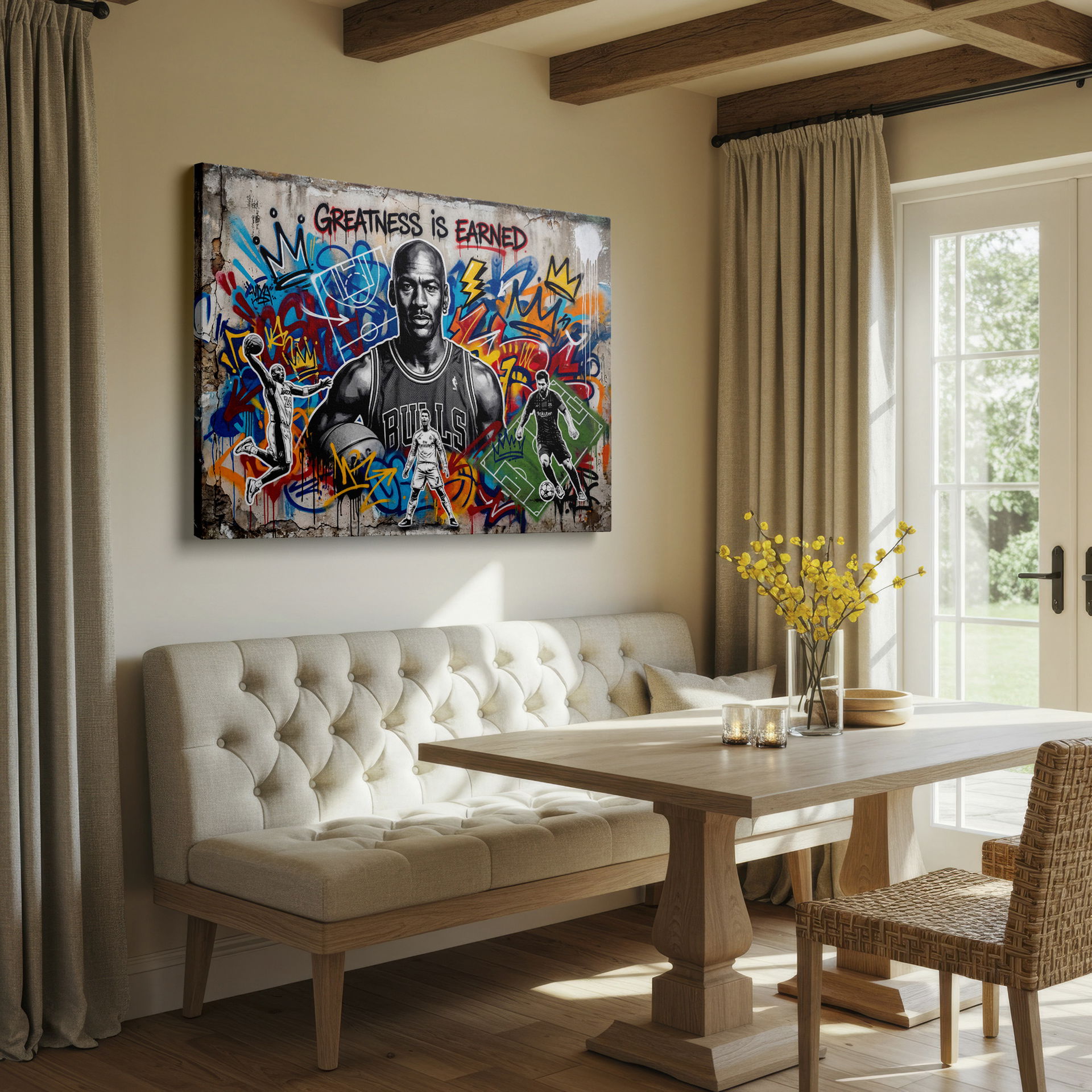 Unique wall decor featuring Michael Jordan, Ronaldo, Kobe and Messi on Wrapped Canvas.