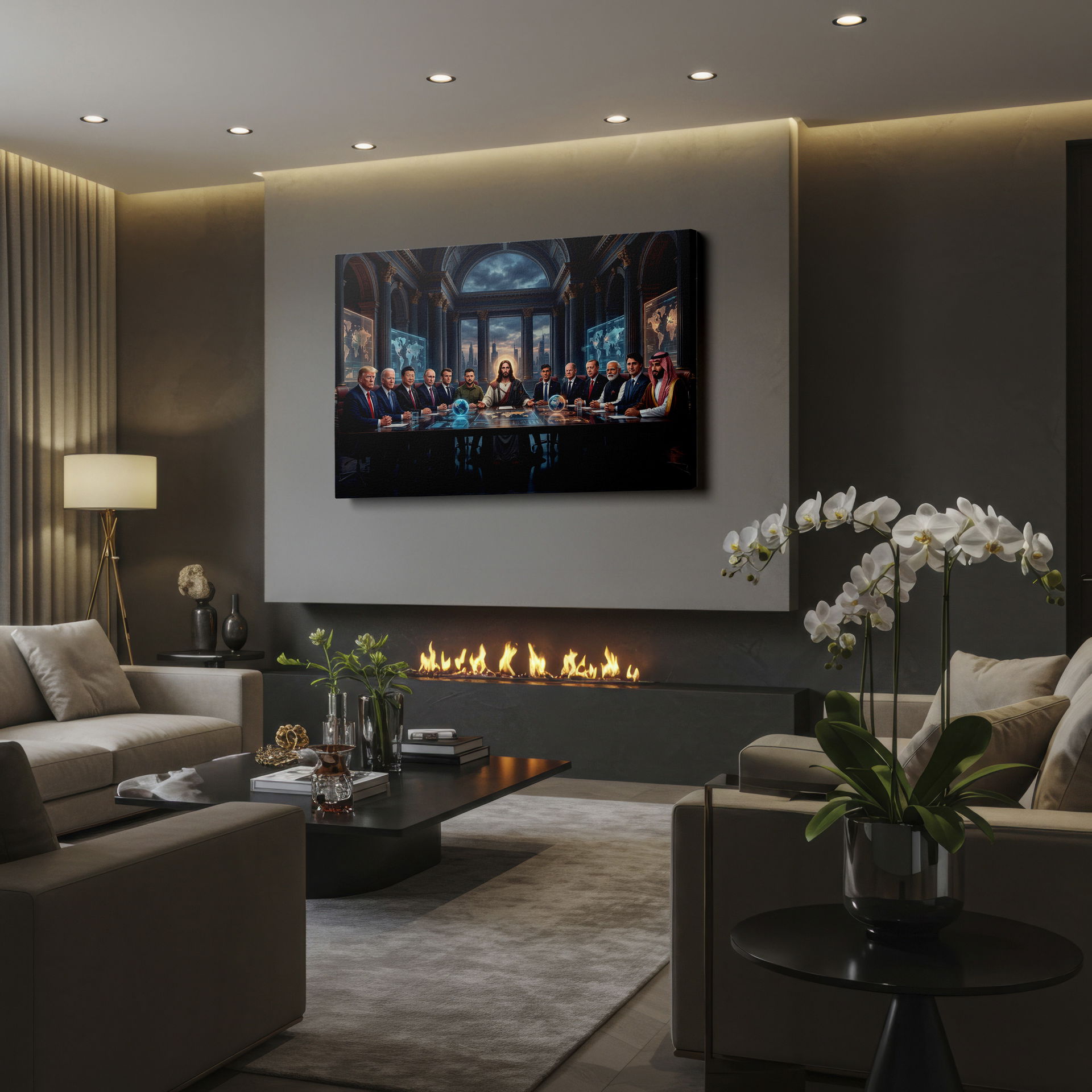 Intriguing wall decor of political figures and Jesus in a futuristic setting.