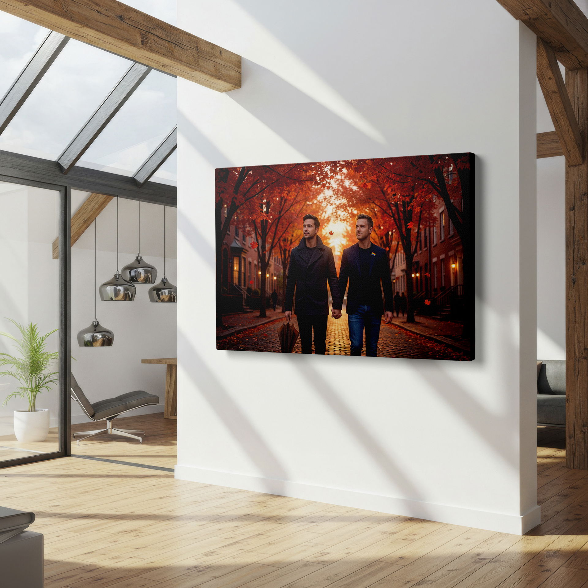 Men walking under autumn trees, holding hands; add this wall decor to your home.