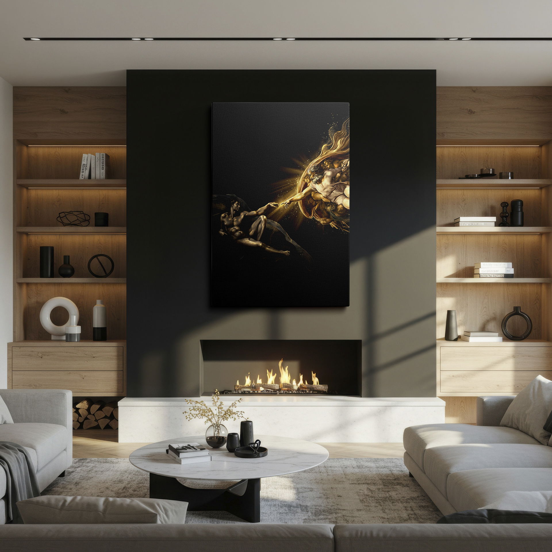 Renaissance-style shows fingers nearly touching under gold light, adding drama and sophistication to your wall decor.