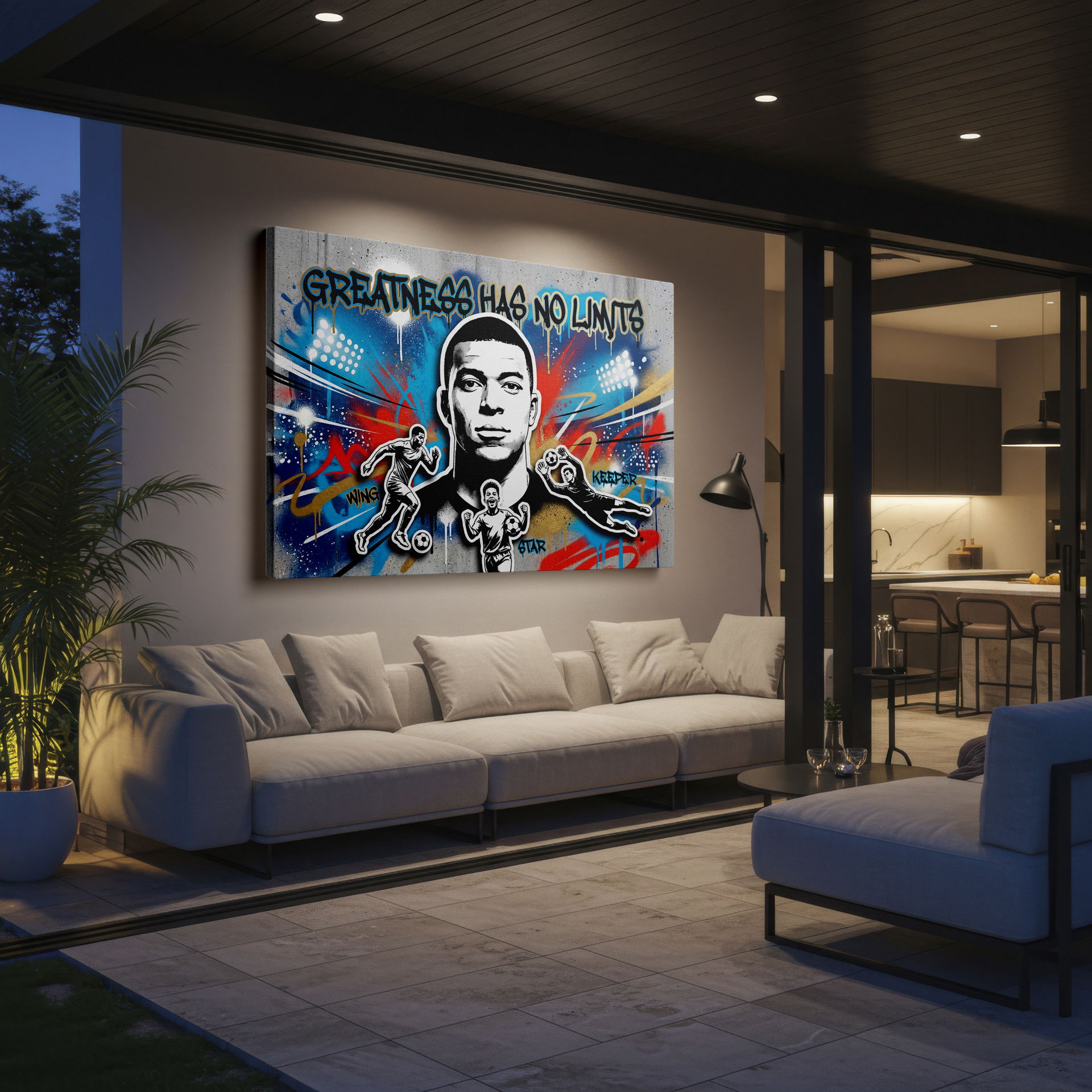 Dynamic "Greatness Has No Limits" graffiti wall art featuring Mbappé, displayed as a Wrapped Canvas.