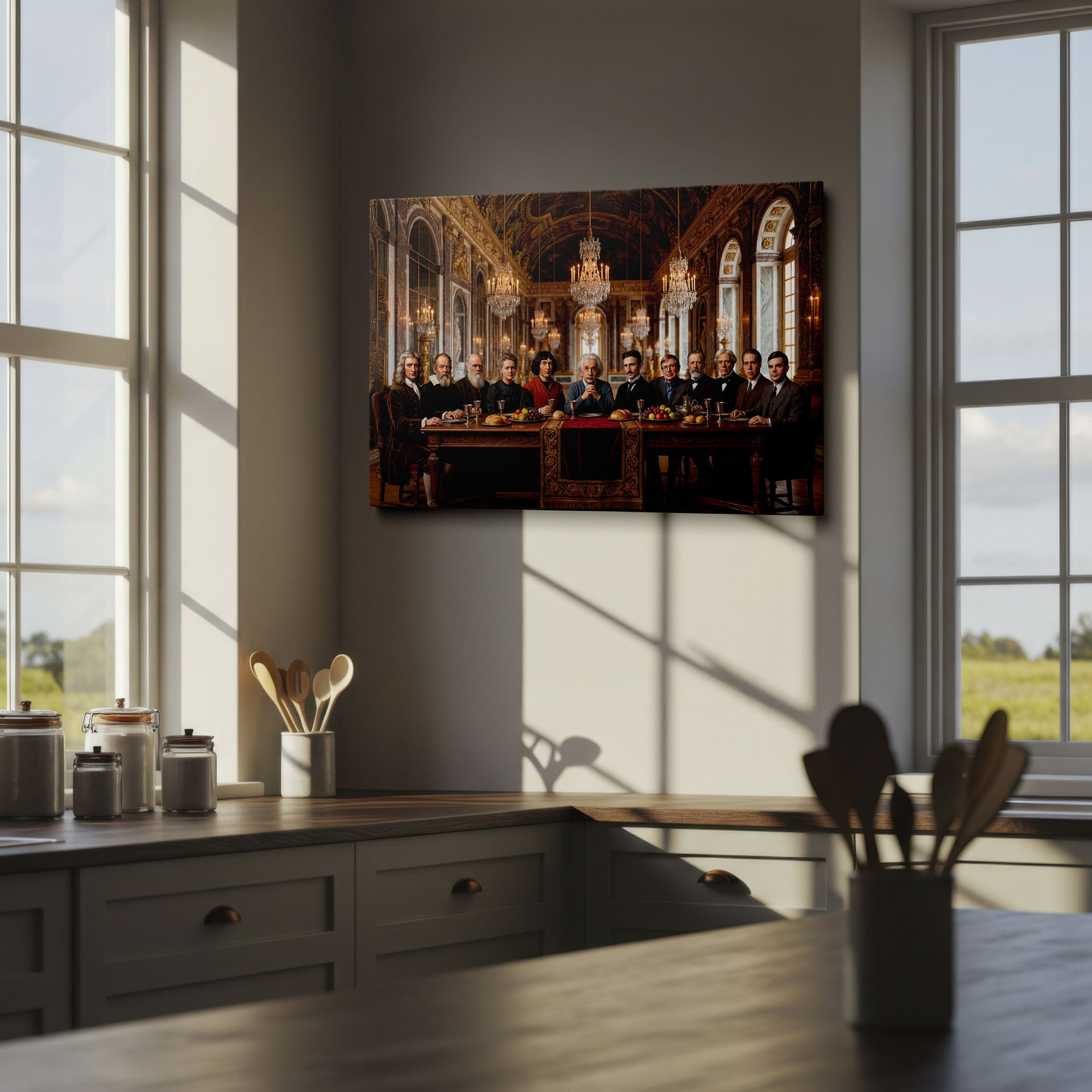 High-quality wall art depicting a dinner scene with famous scientists gathered in an ornate hall.