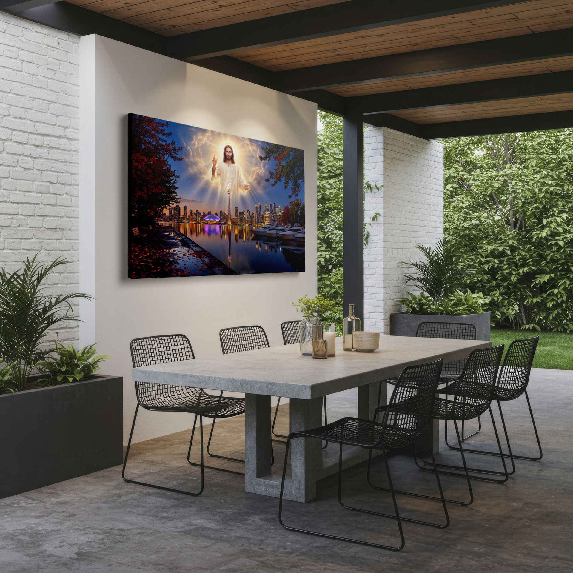 Striking wall decor: Jesus presiding over Toronto's skyline, blending faith with urban beauty.