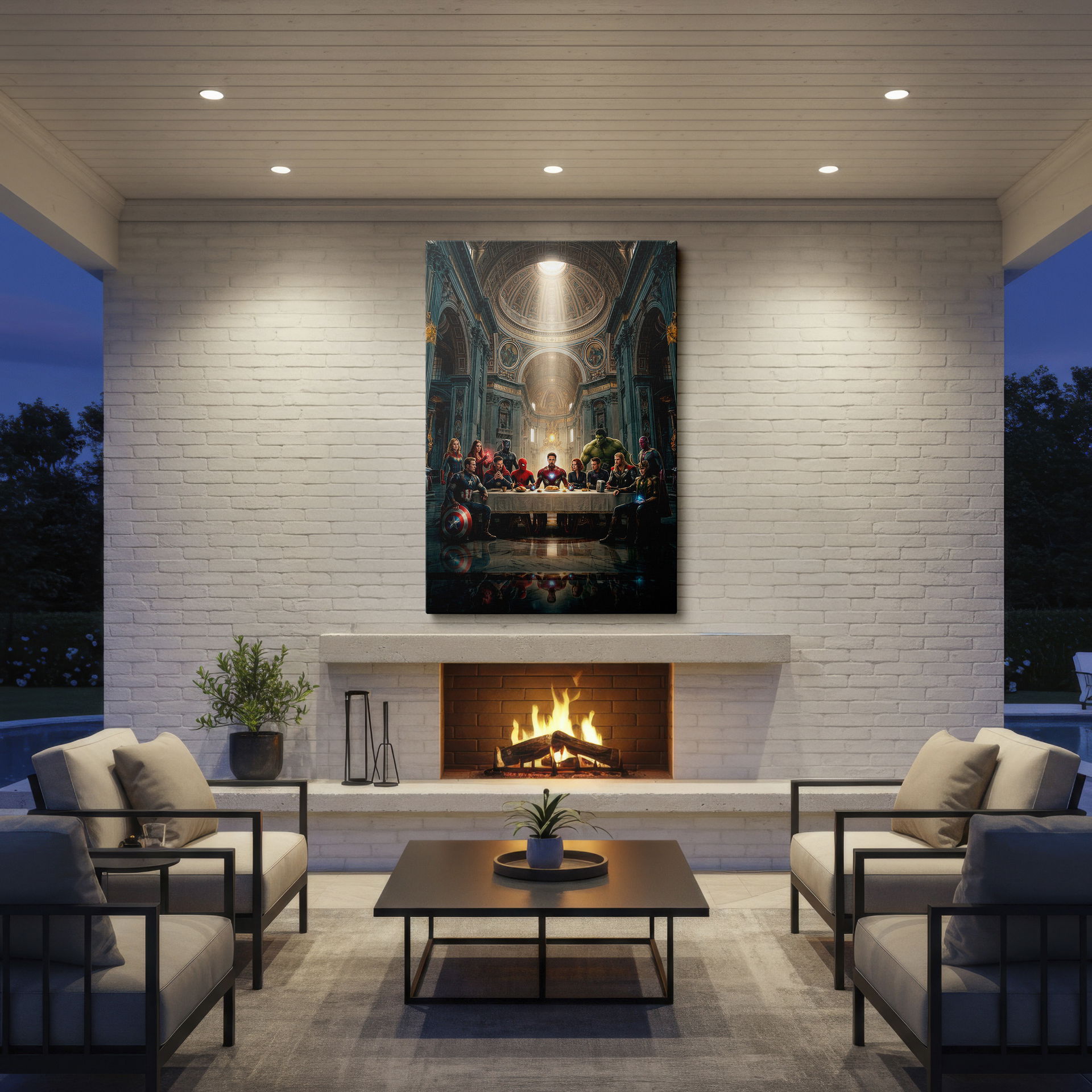 An artistic rendition of the Avengers as The Last Supper. This piece makes a perfect wall decor, displayed prominently.