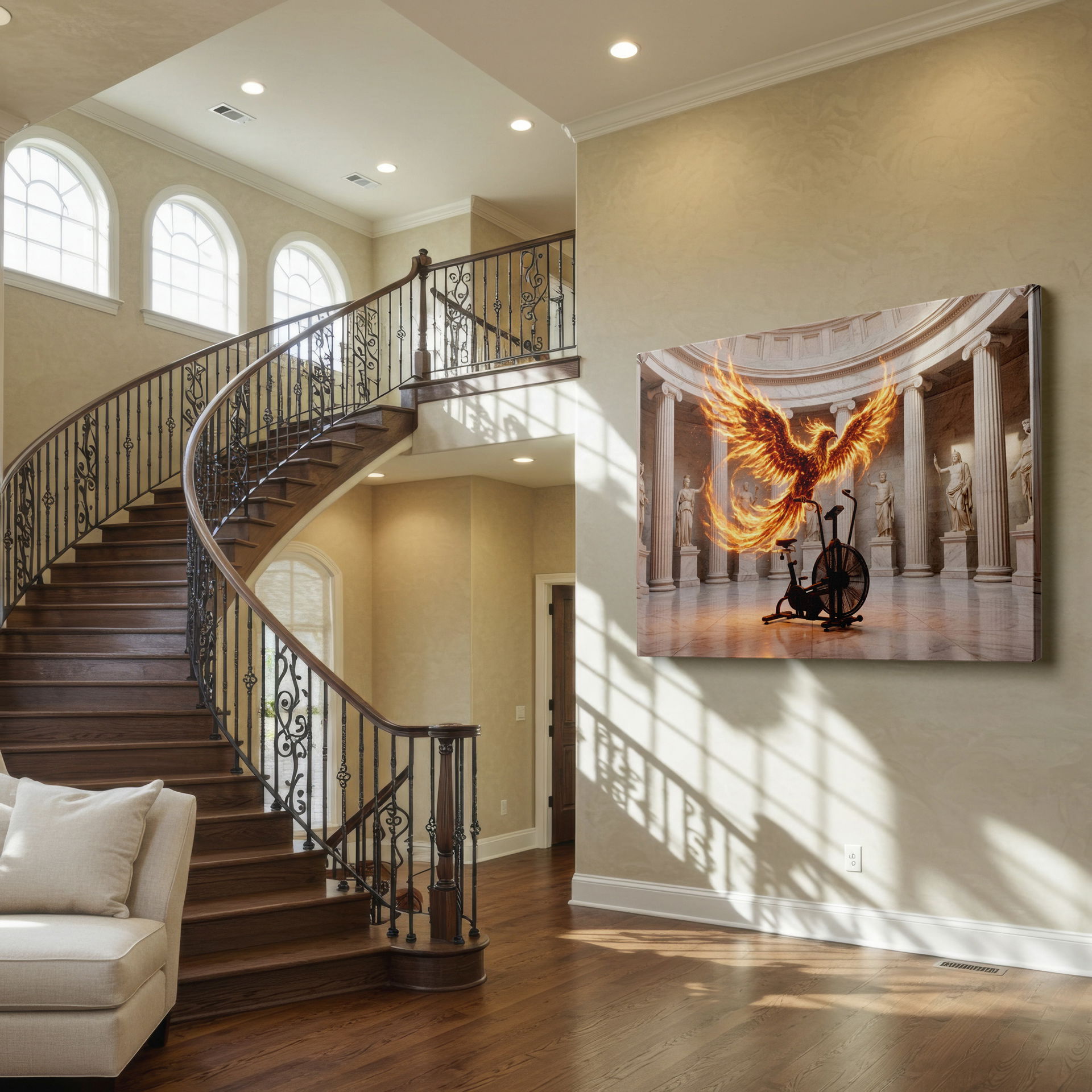 Phoenix ablaze artwork displayed as wall decor in a classical setting, creating an intriguing visual juxtaposition.