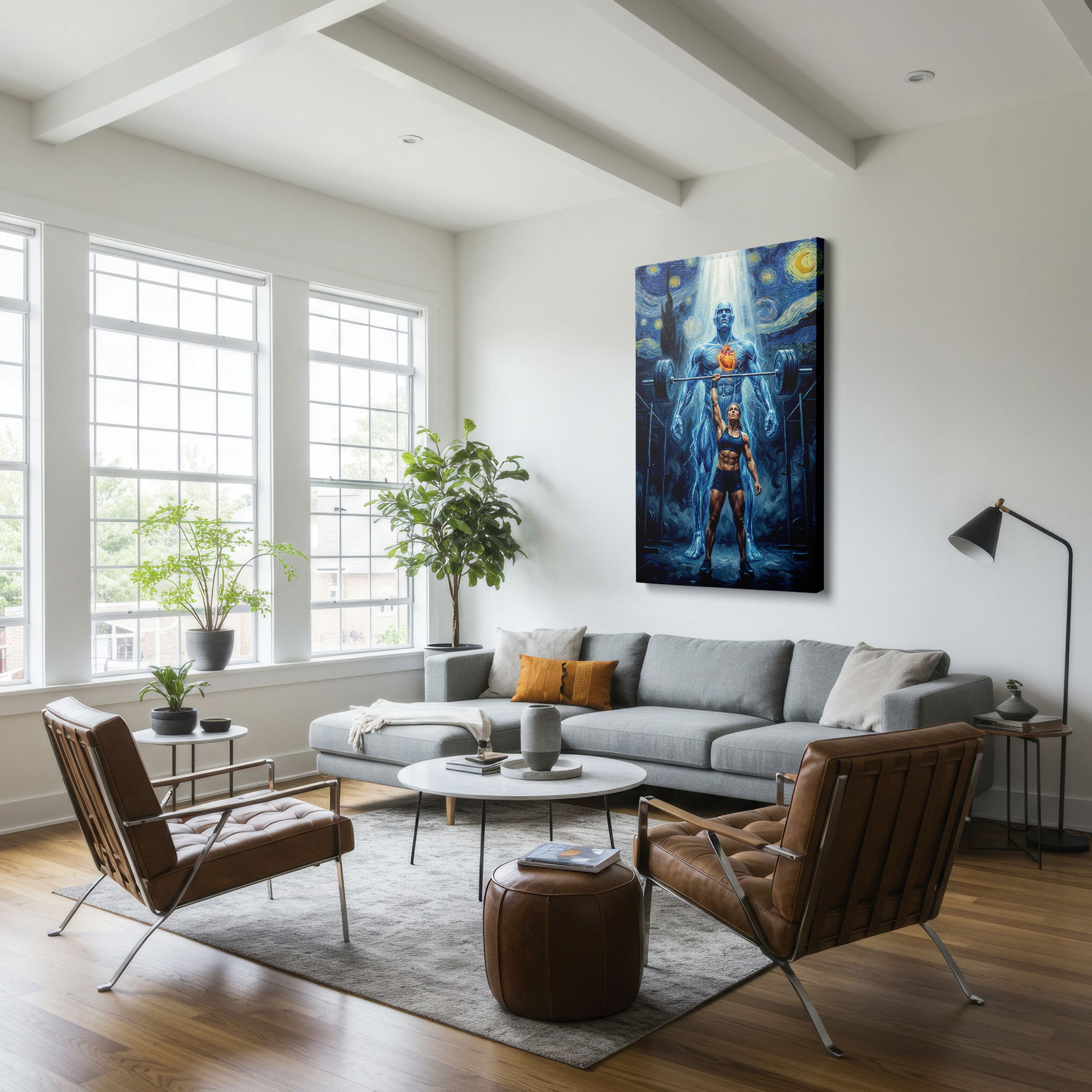 Stunning piece: female weightlifter with Starry Night inspired guardian figure, ready to be hung as wall decor.