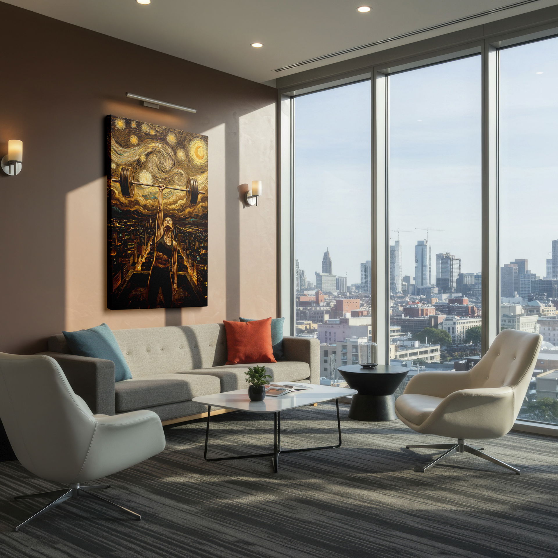 Artistic wall decor showing a strong woman weightlifter under swirling, starry skies.