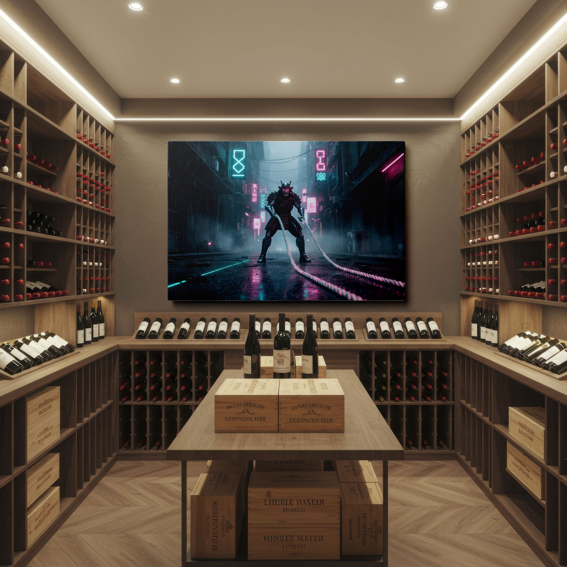 Samurai in cybernetic armor stands in the rain, a unique and captivating Wrapped Canvas print.