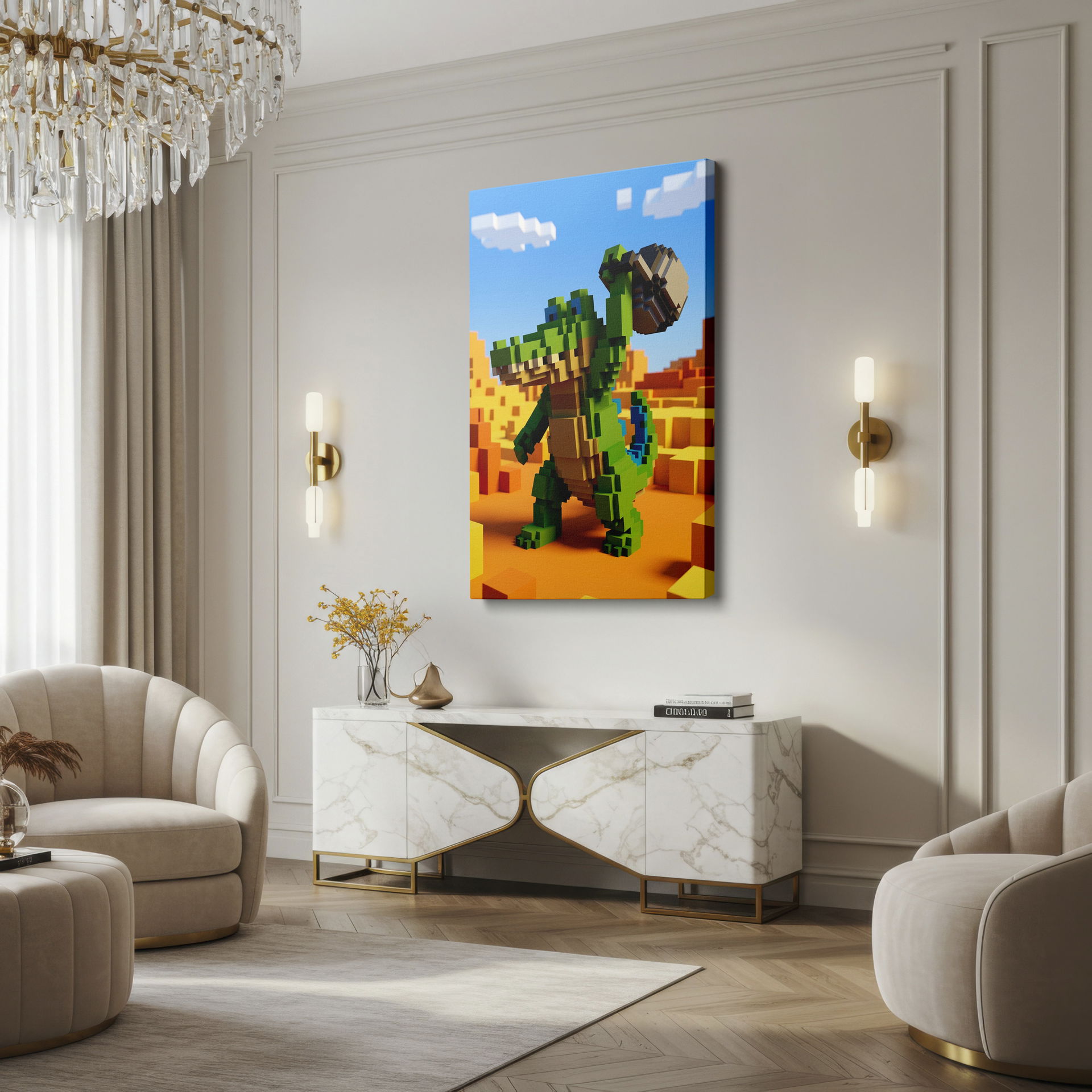 Bright green voxel crocodile holding a brown cube. A vibrant Wrapped Canvas print.