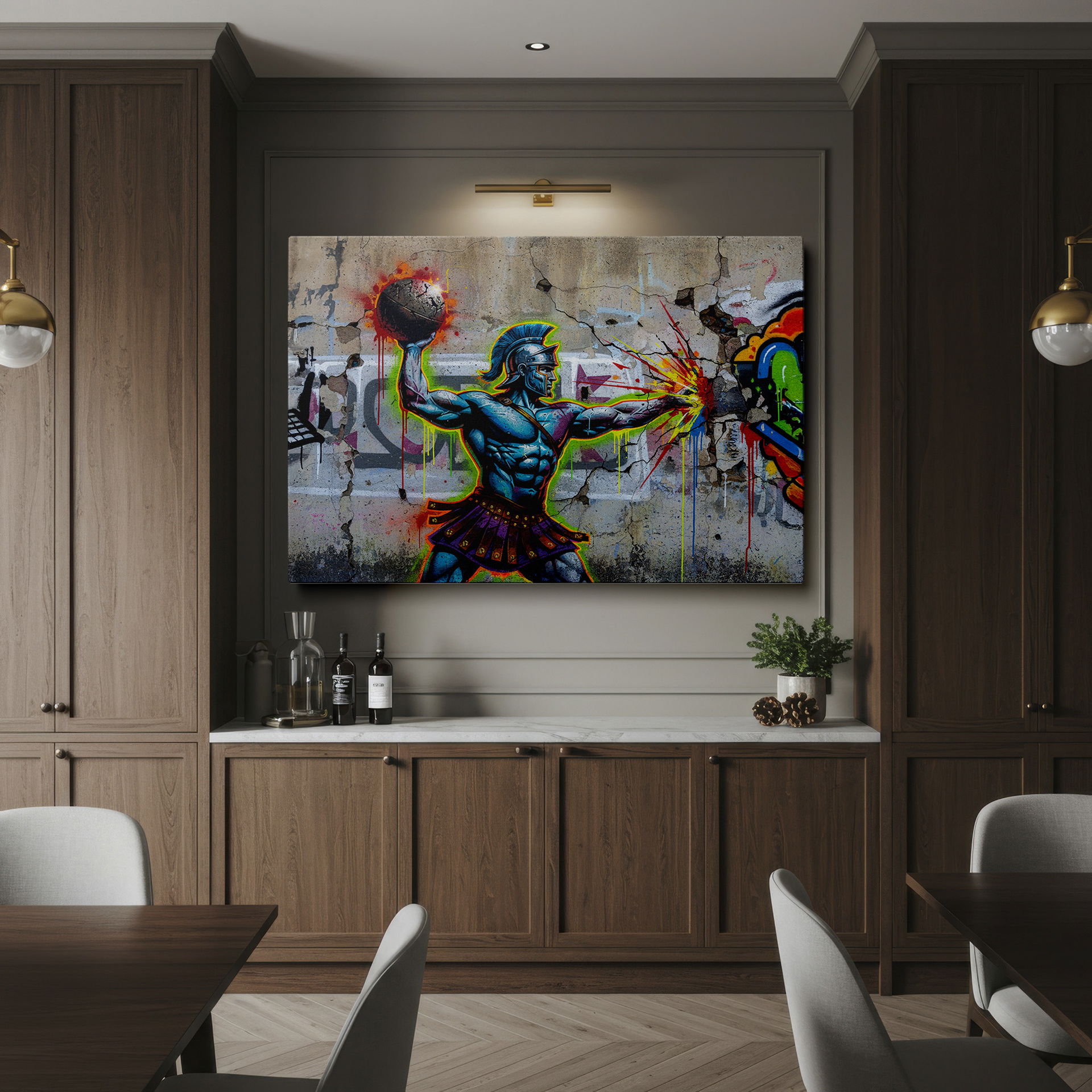 Graffiti-style wall decor of a blue warrior holding a fiery ball against a cracked wall.