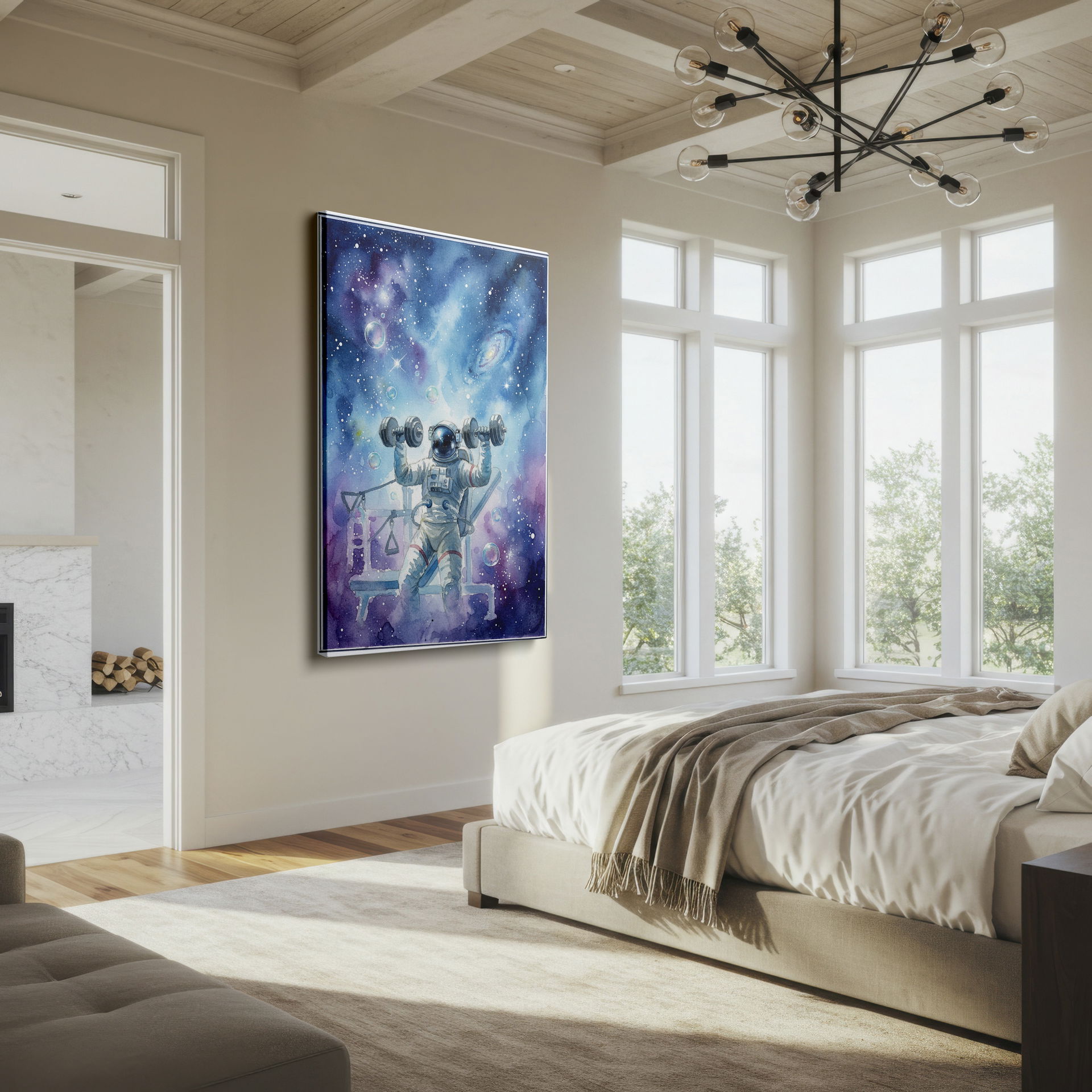 An astronaut works out in space amidst a colorful nebula on this unique Wrapped Canvas.