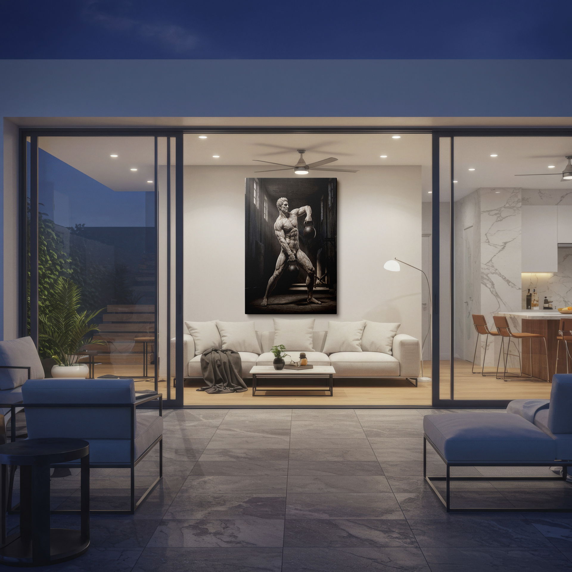 Depiction of a muscular athlete captured in stone, weightlifting as a form of Wrapped Canvas art.