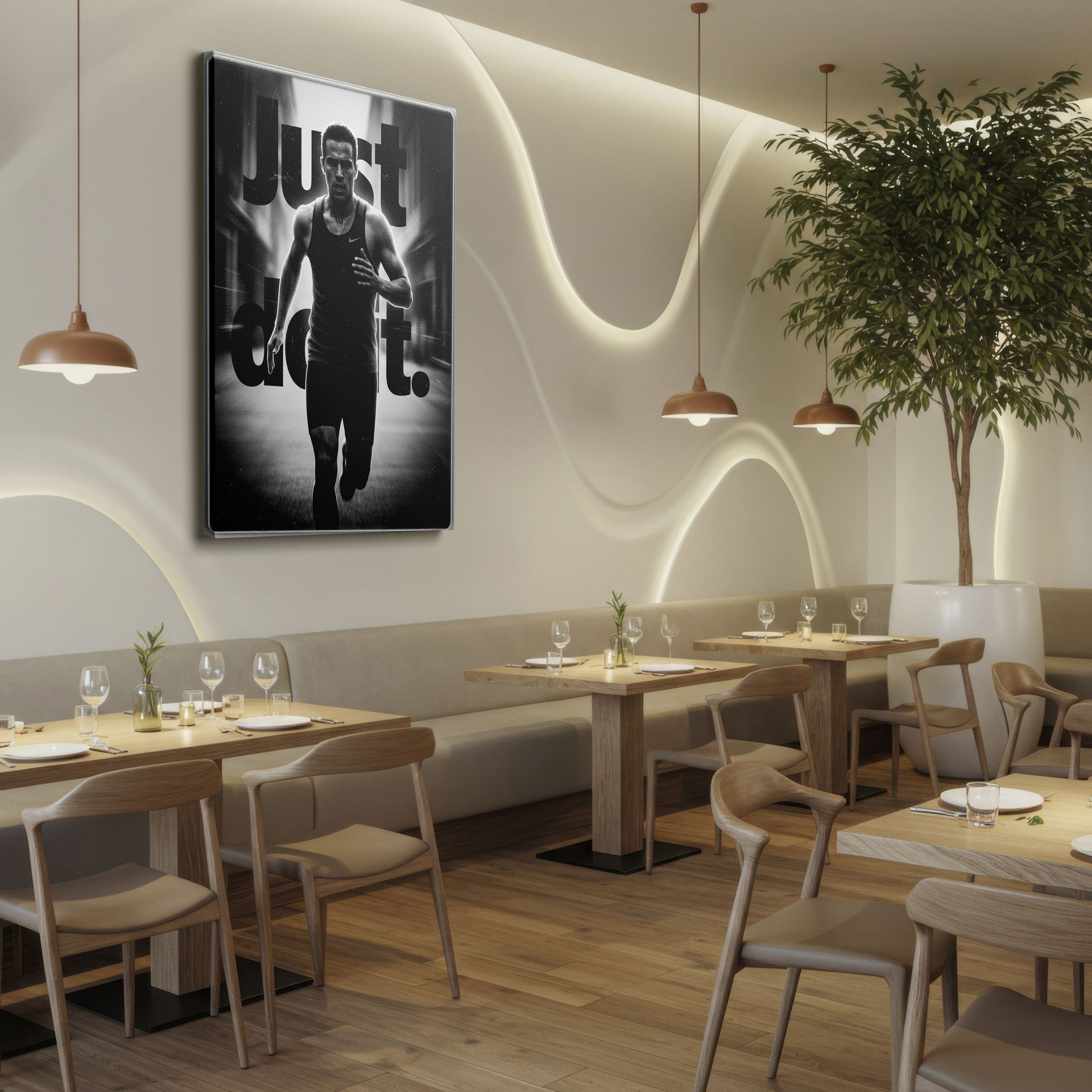Dynamic wall decor featuring a runner with the motivational phrase 'Just Do It.'