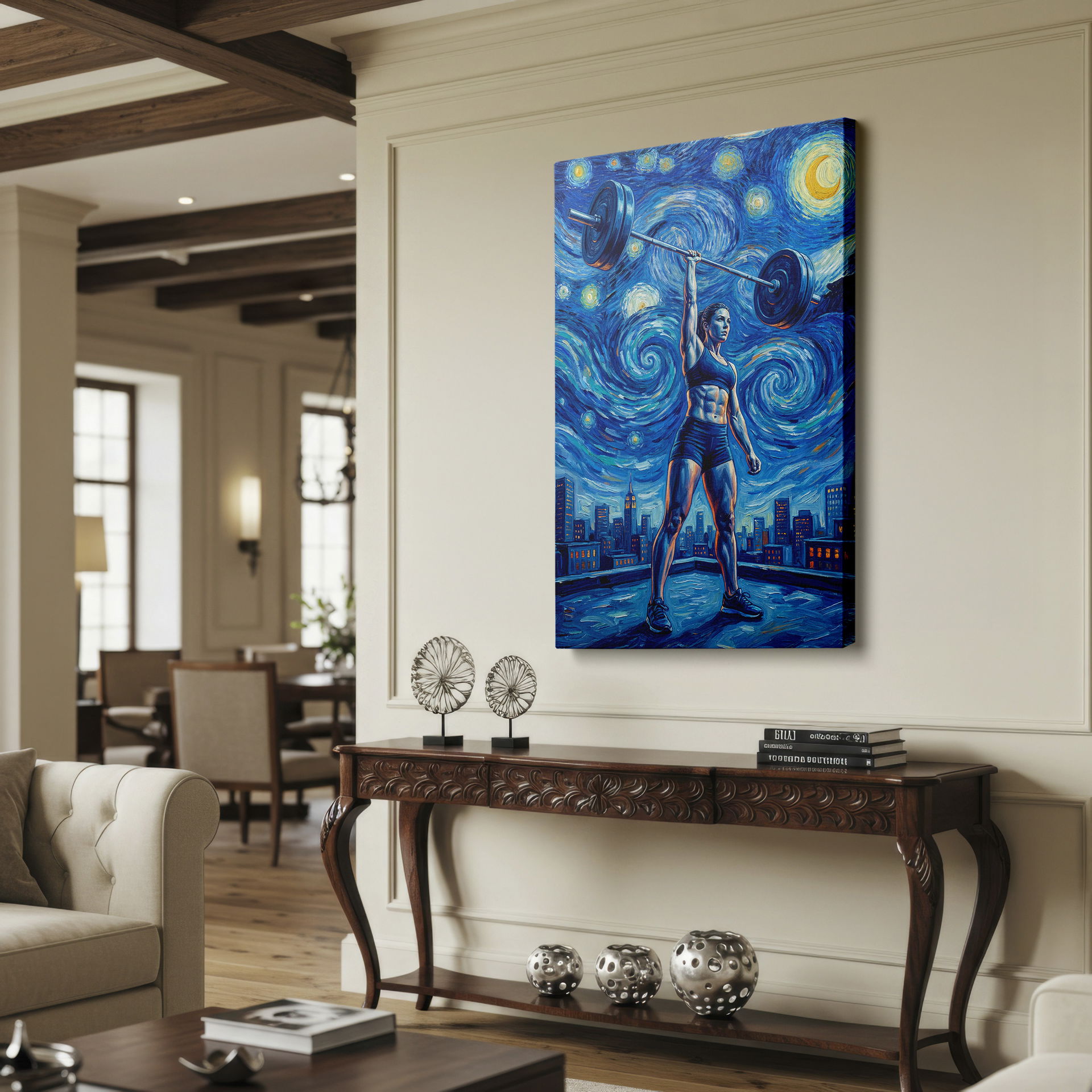 A striking canvas print shows a woman weightlifter set against a swirling, Starry Night-style backdrop; an inspiring piece of wall decor.