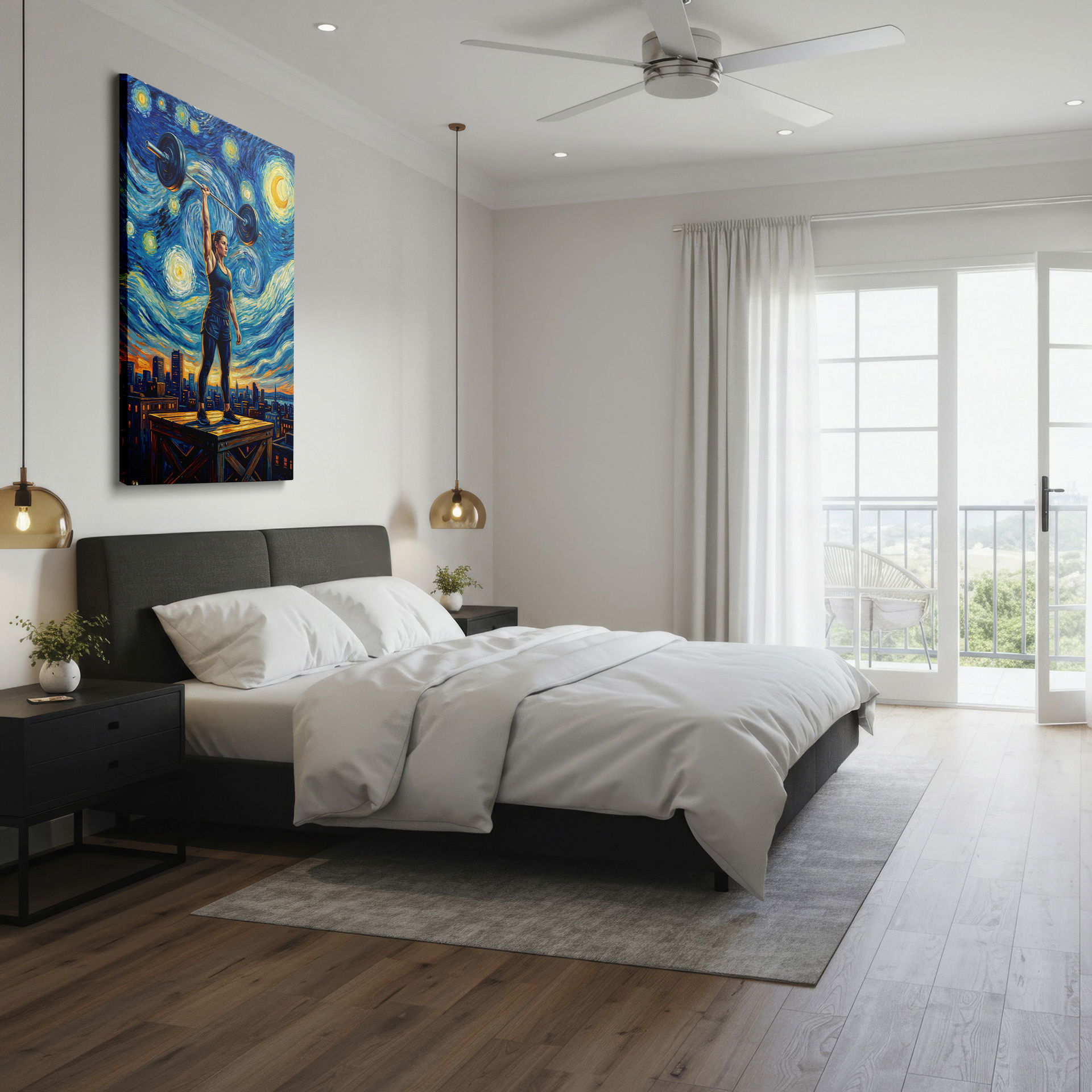 Painting shows a weightlifter set against a Starry Night sky. Striking wall decor.