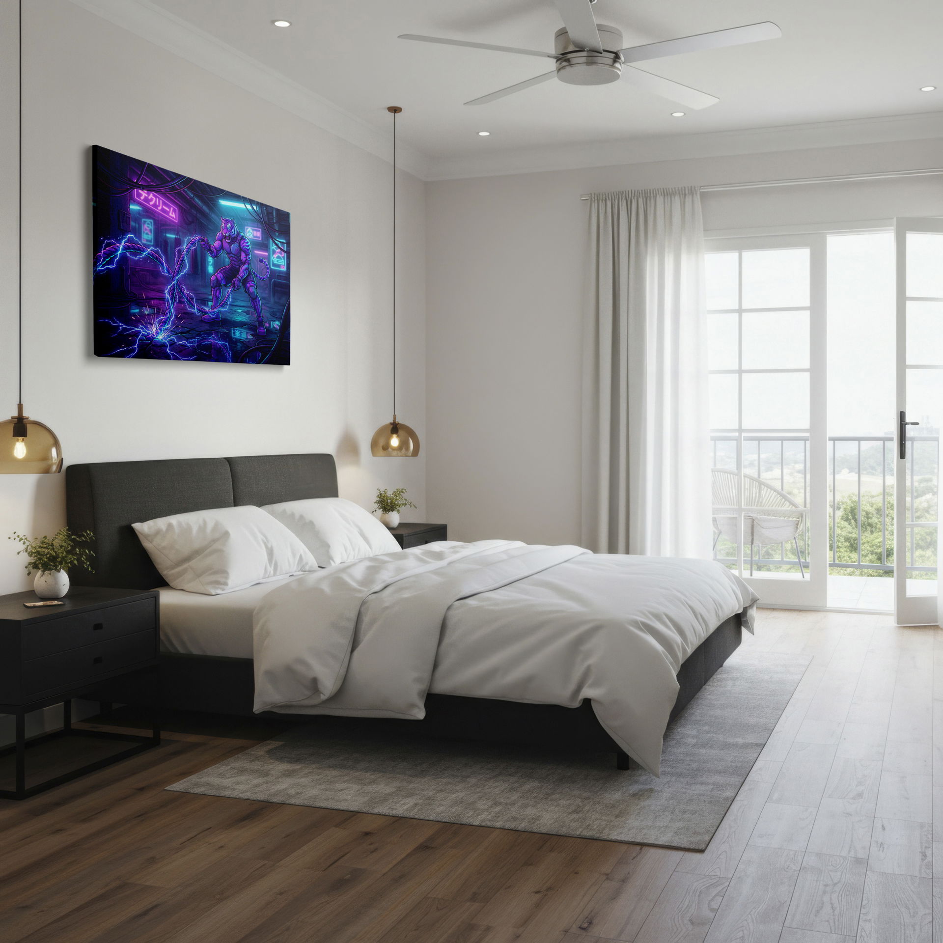 A cyberpunk tiger executes a rope workout amidst neon lights in a gym setting; striking wall decor piece.