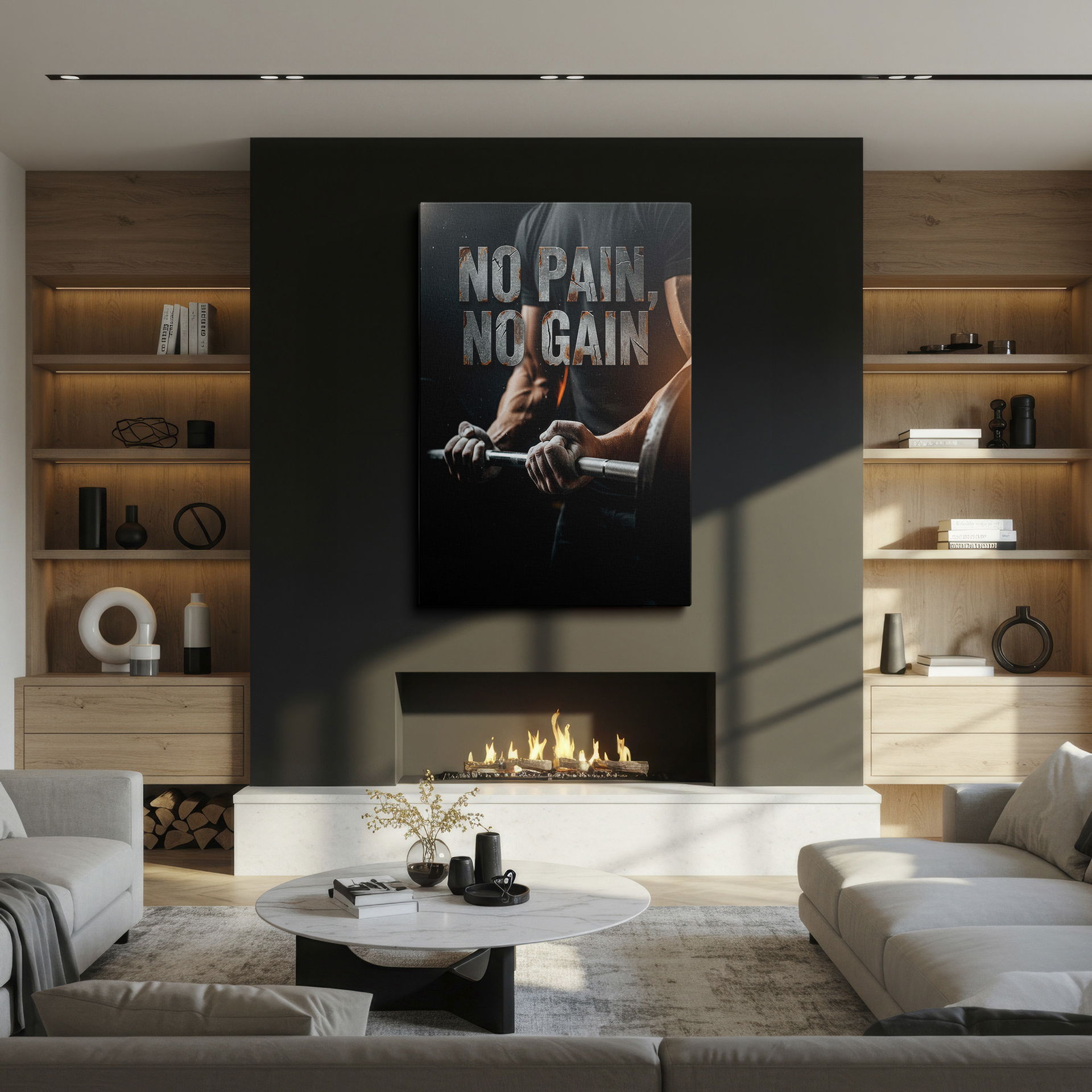 Close-up of a weightlifter's hands on a barbell, with the phrase 'No Pain, No Gain' as Wrapped Canvas.