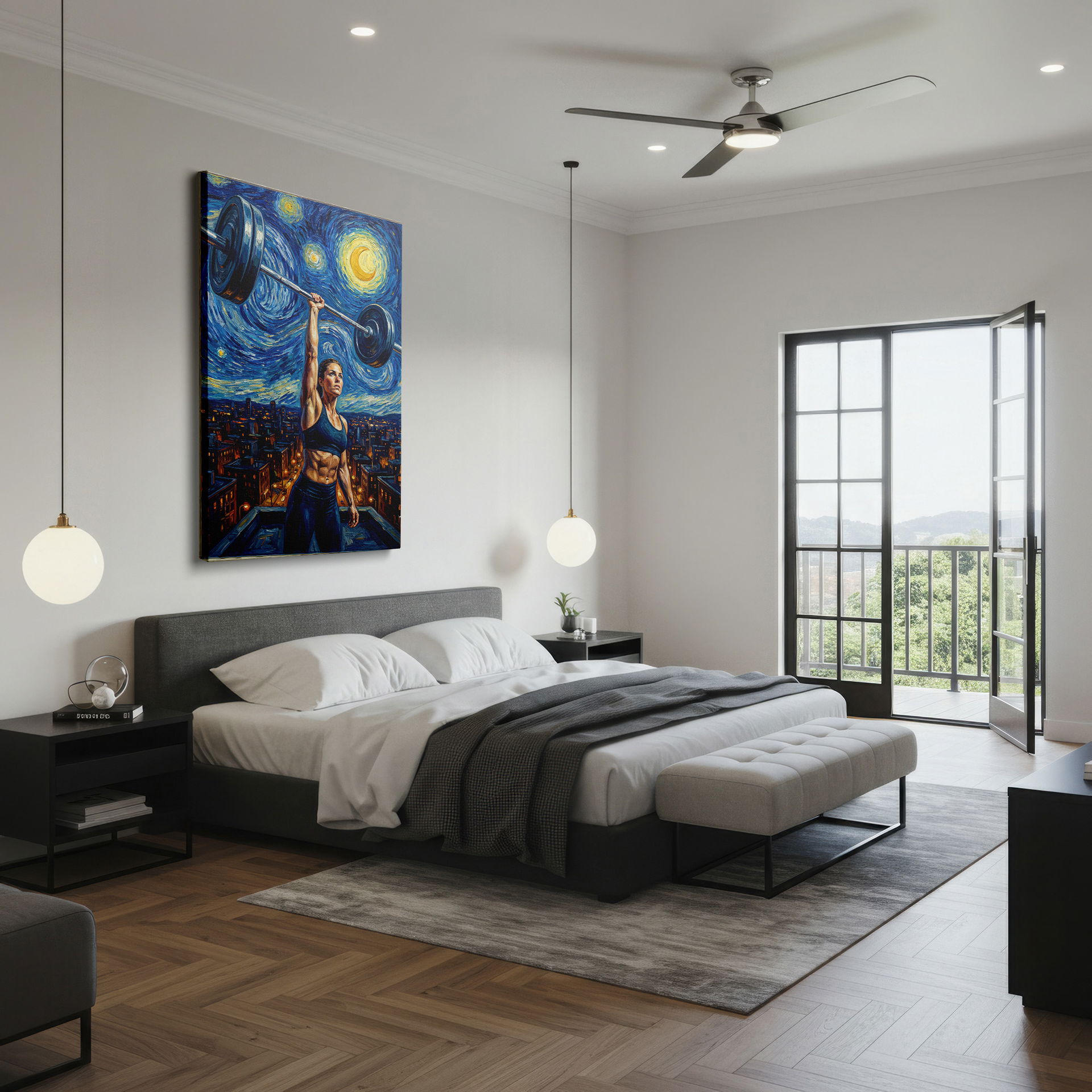 Wrapped Canvas: Female weightlifter against a Starry Night-style background.