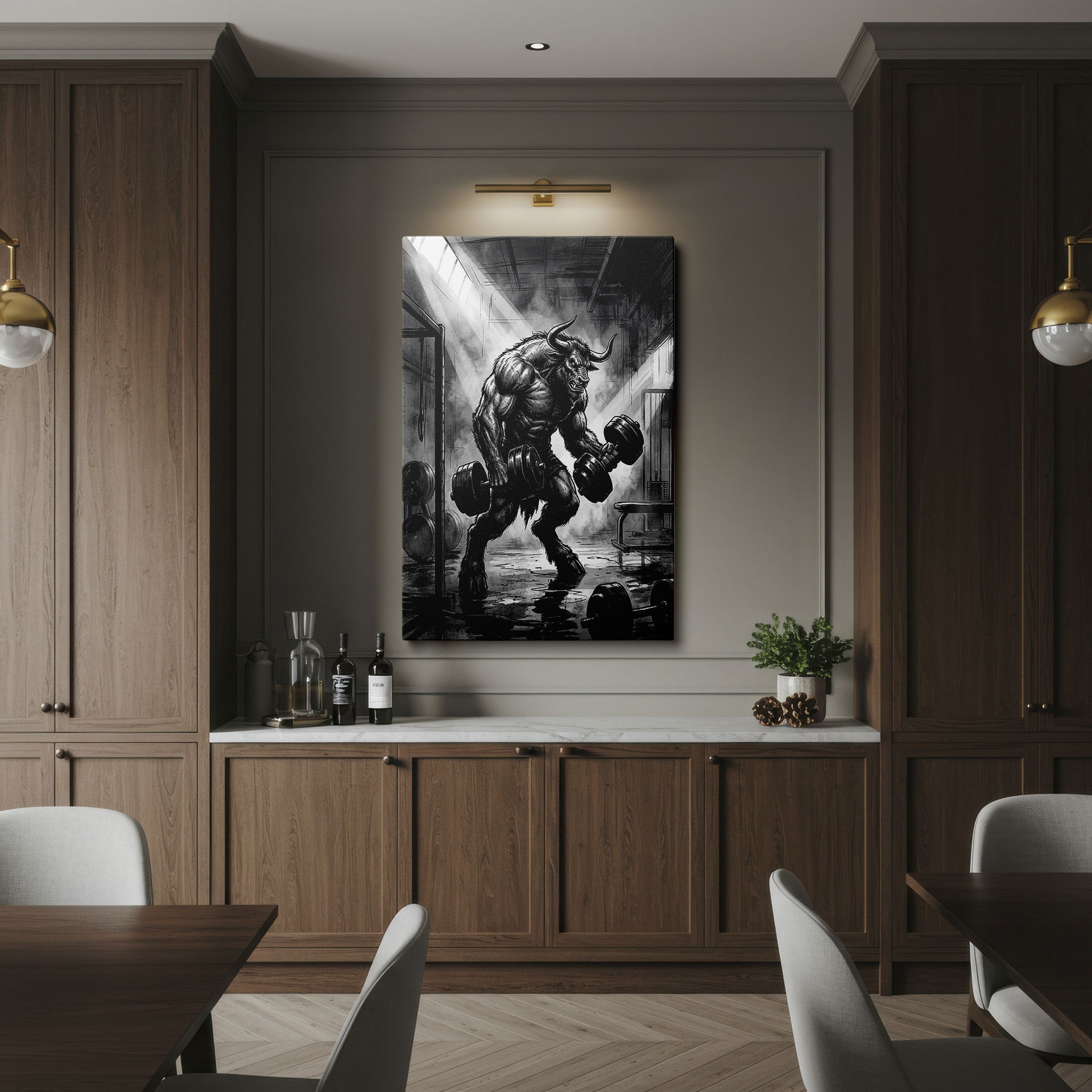 Dramatic wall decor of a Minotaur during a weightlifting session in a gritty gym, rendered in striking black and white tones.