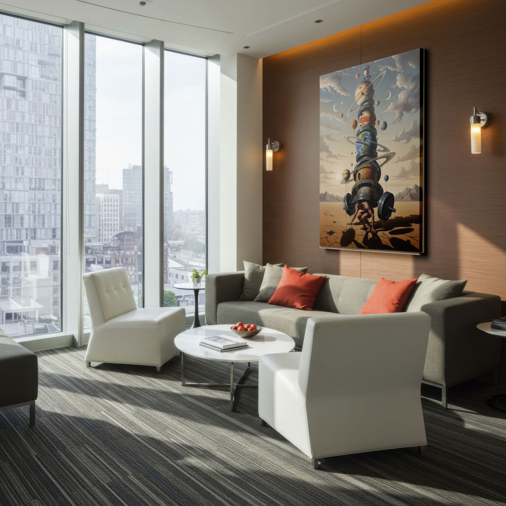 Striking surreal art of a figure carrying planets. This Wrapped Canvas print creates a captivating focal point for any room.