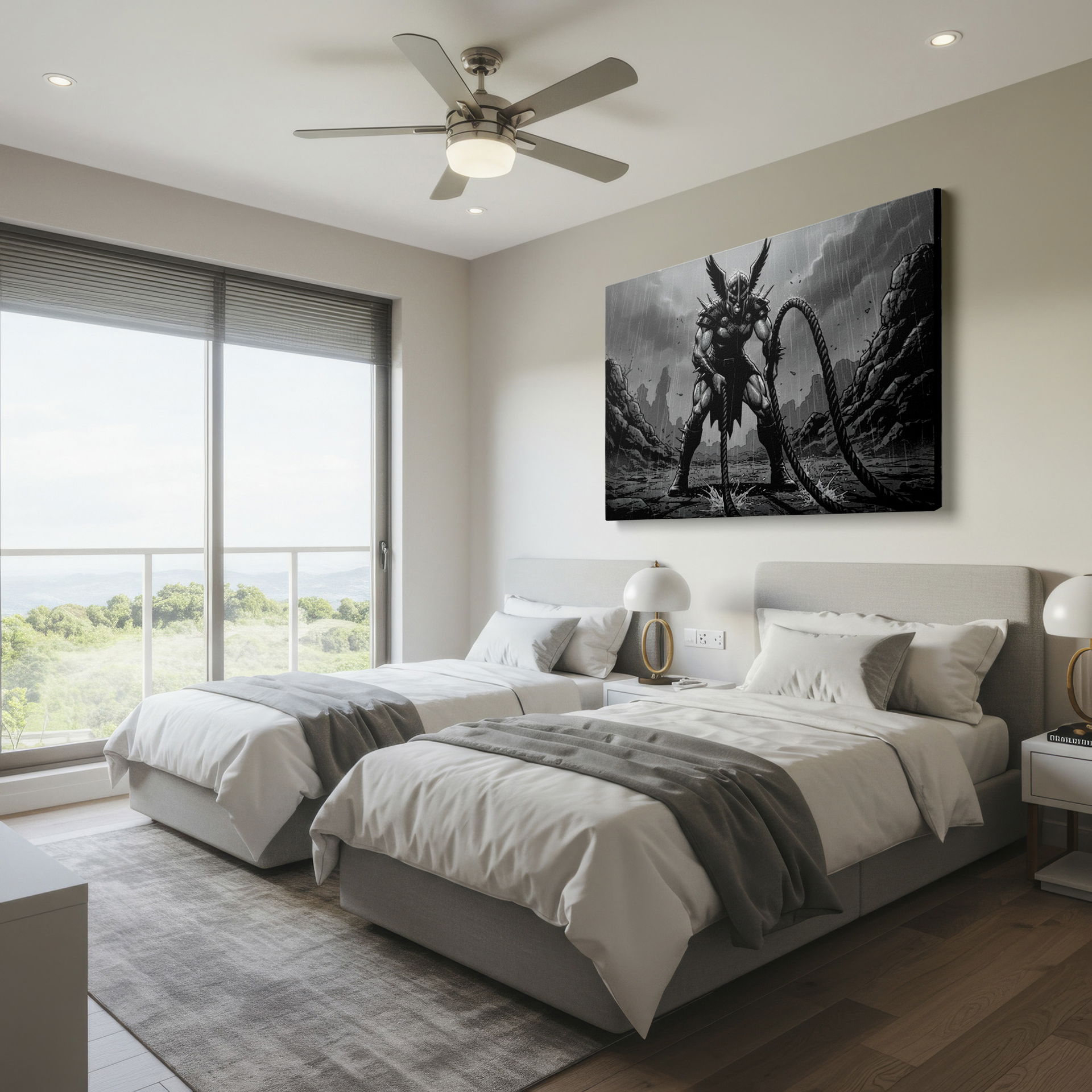 Dramatic wall decor features a grayscale image of a winged helmeted vigilante holding a thick rope.