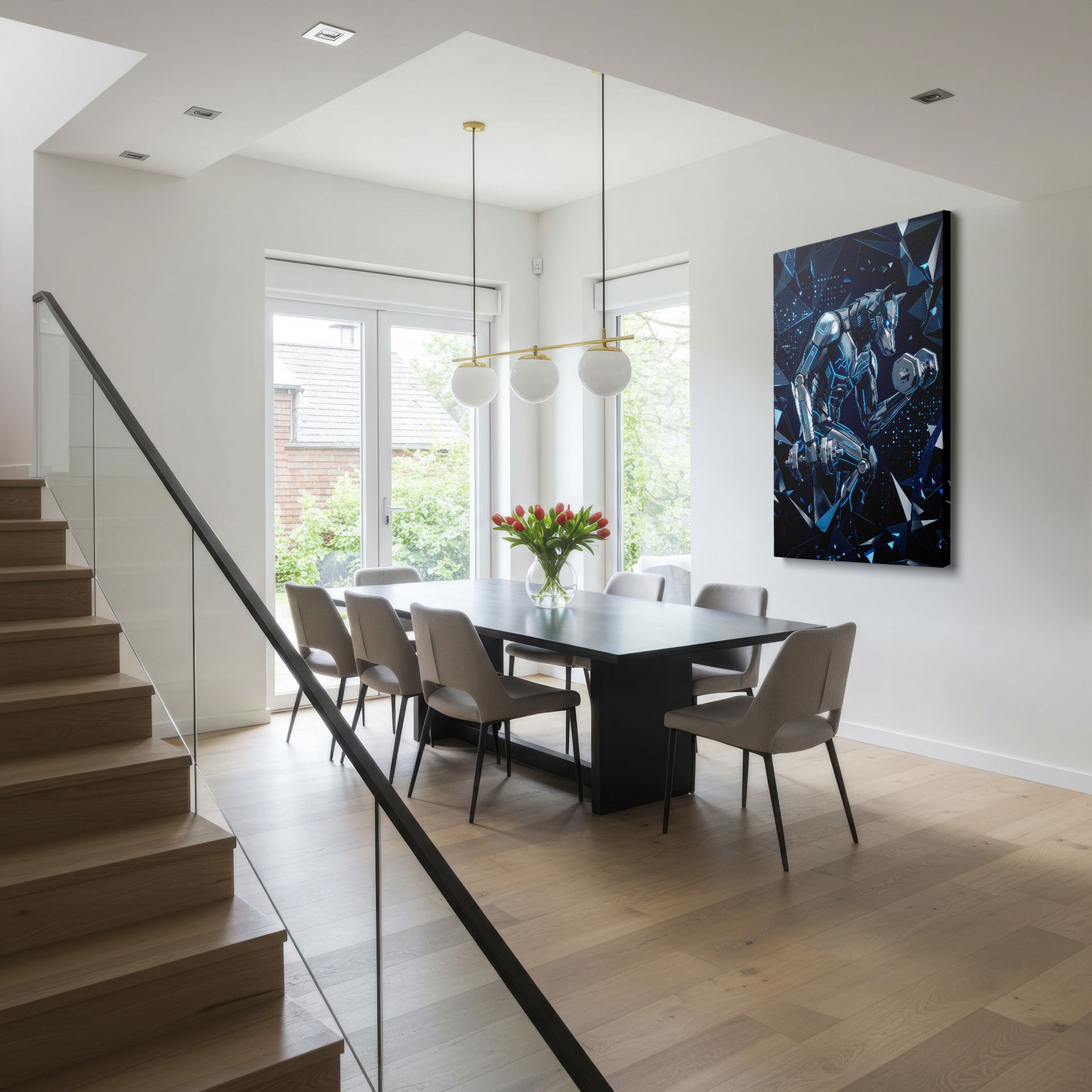 Image depicts a robotic wolf lifting weights in a geometric blue and black environment, perfect as Wrapped Canvas.