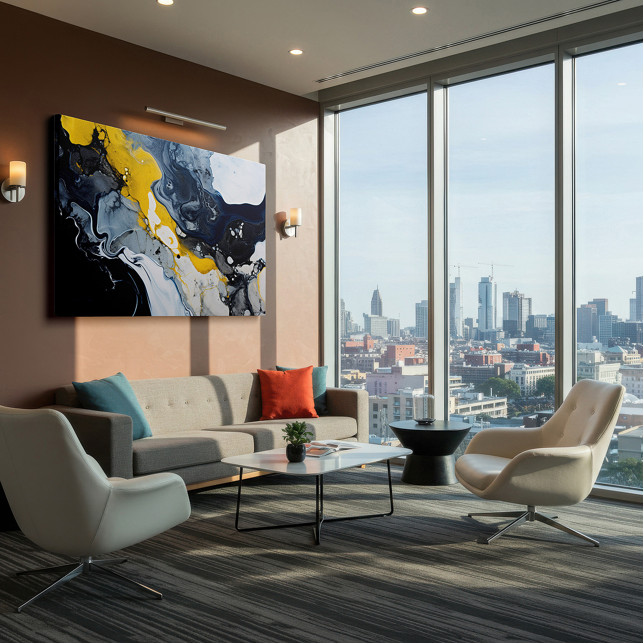 Aligned with a curated gallery wall of abstract artworks — abstract composition featuring dynamic interplay of yellow, grey, and black - large canvas wall art for office and bedroom decor