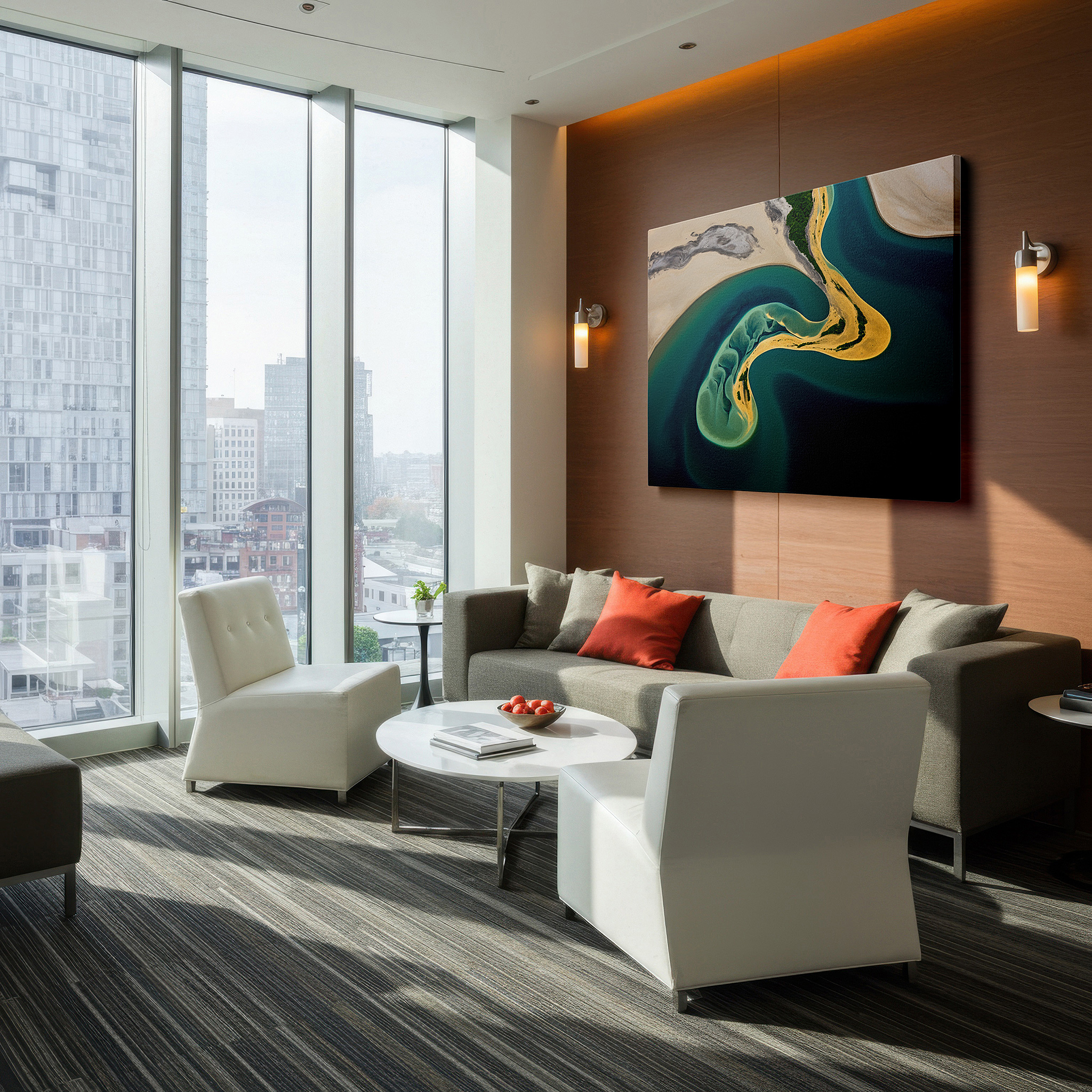 Aligned with a curated gallery wall of abstract artworks — aerial island oasis surrounded by bright blue river large wall art, canvas wall decor, office wall decor, bedroom wall decor, living room wall art
