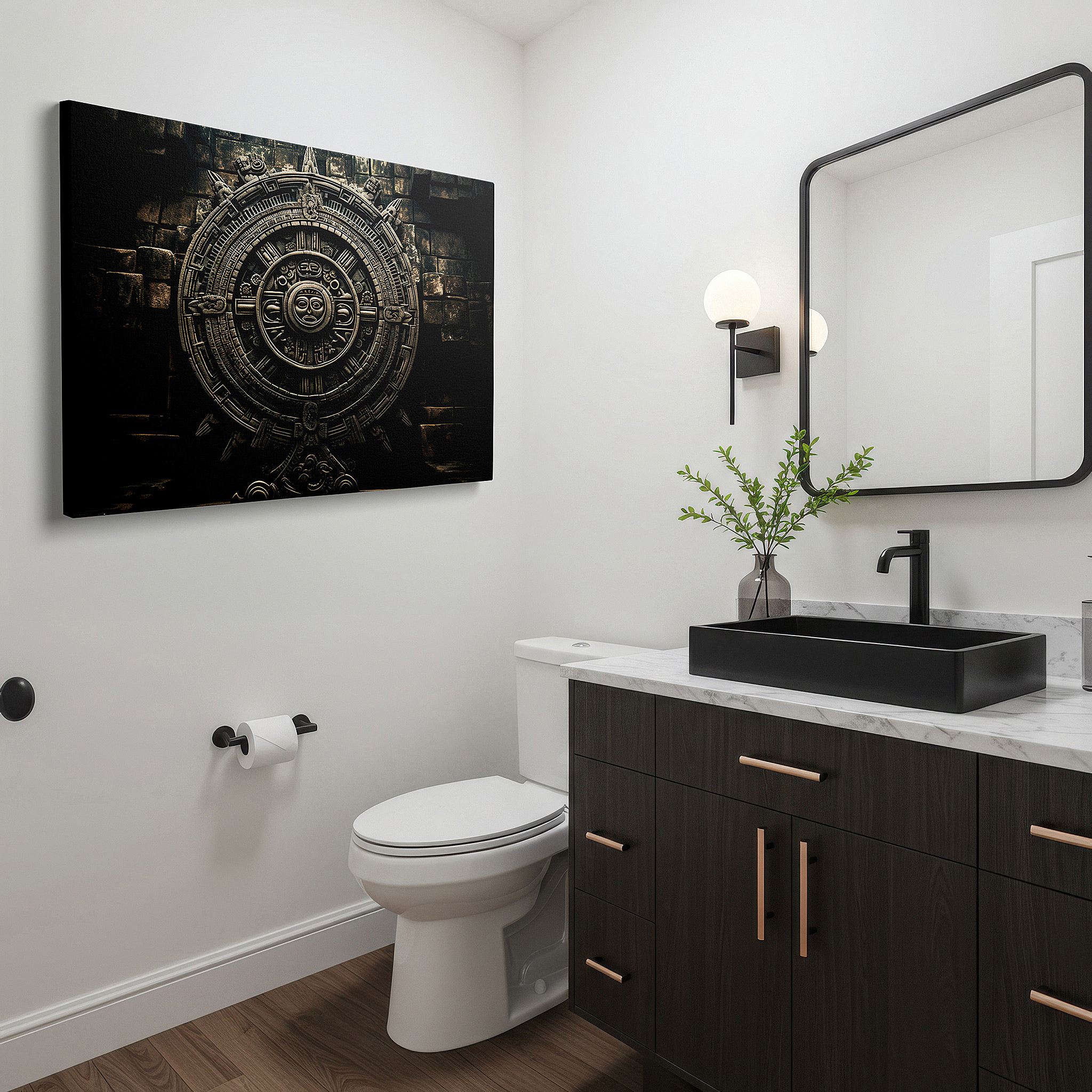 Aligned with a curated gallery wall of abstract artworks — aztec calendar stone wall art: a captivating display of ancient craftsmanship and celestial knowledge - ideal for office and home decor, large canvas art