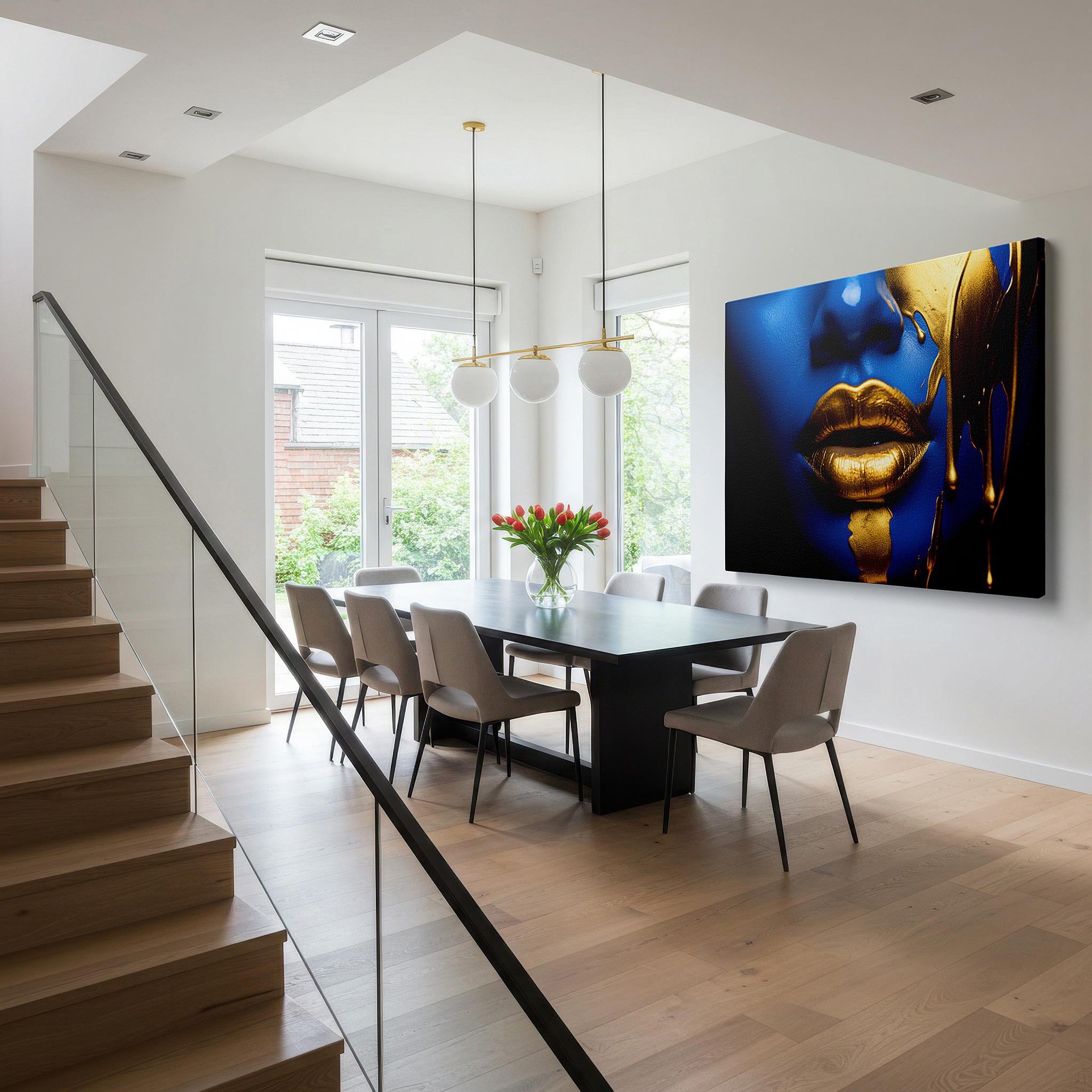 Aligned with a curated gallery wall of abstract artworks — blue depths and golden flows: exploring identity and introspection - large wall art, canvas wall art, wall decor for office and bedroom