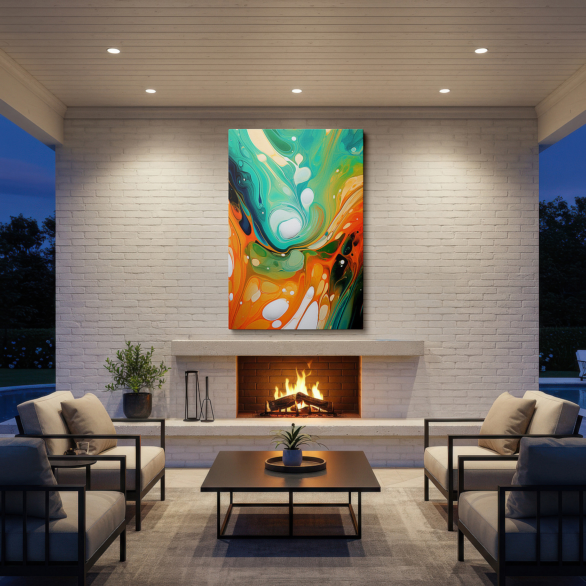 Aligned with a curated gallery wall of abstract artworks — blue and orange swirls dance - dynamic abstract expression of motion and emotion, large canvas wall art for office decor
