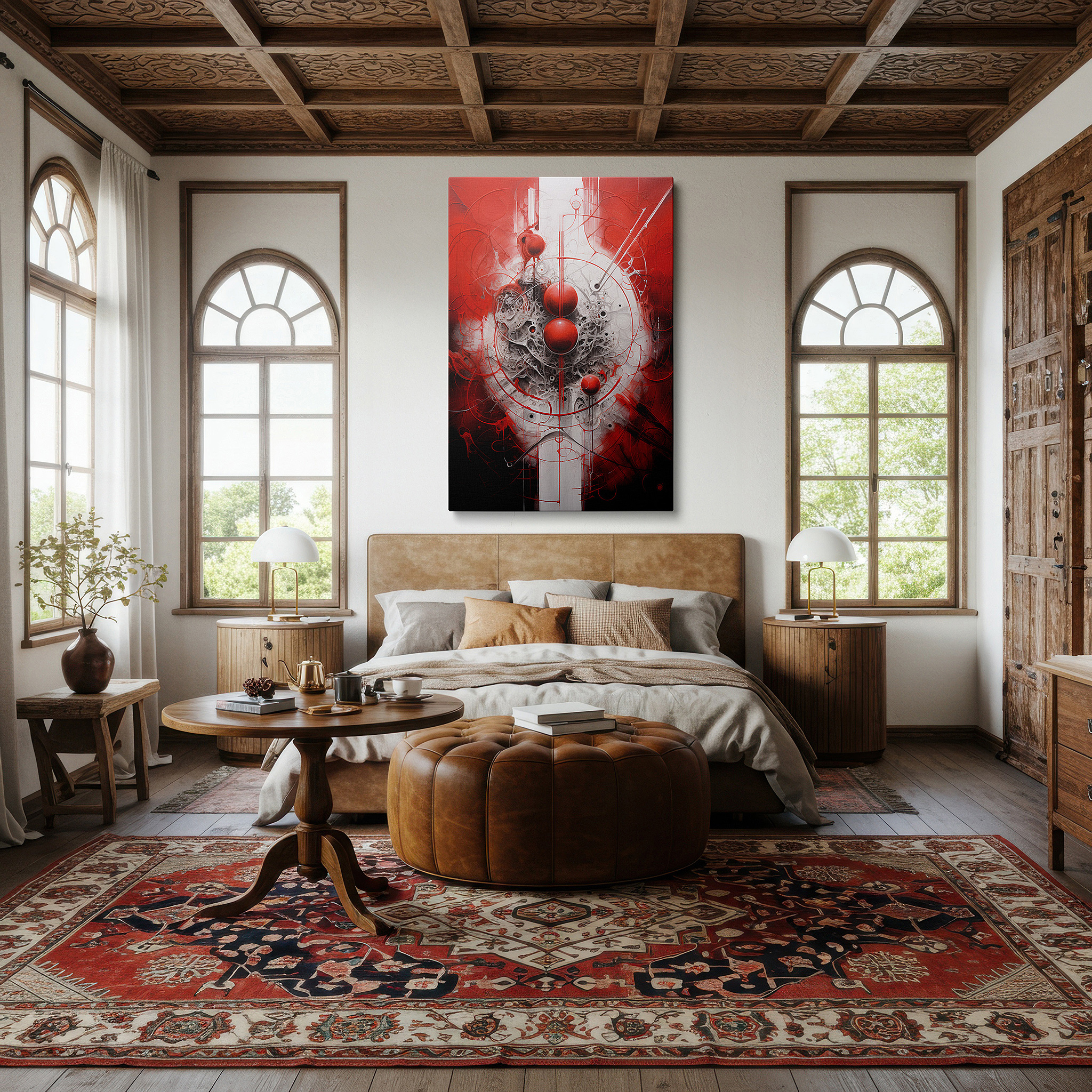 Aligned with a curated gallery wall of abstract artworks — bright reds and crisp whites swirl on the canvas, forming a concert of circular forms and abstract strokes, ideal for large wall art, canvas wall art, and wall decor.