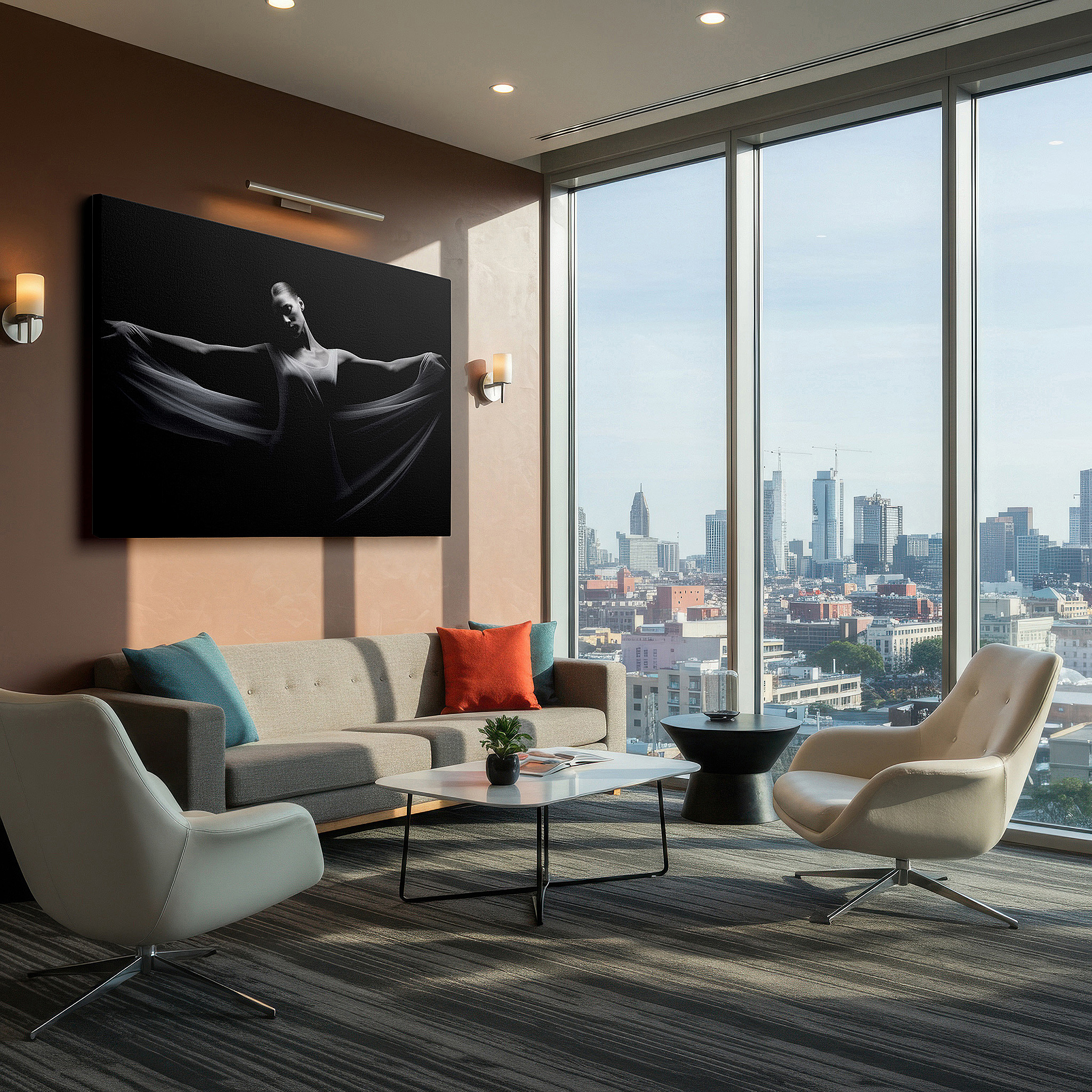 Aligned with a curated gallery wall of abstract artworks — celestial dancer in motion: a symphony of light and shadow - large canvas wall art for office and bedroom decor