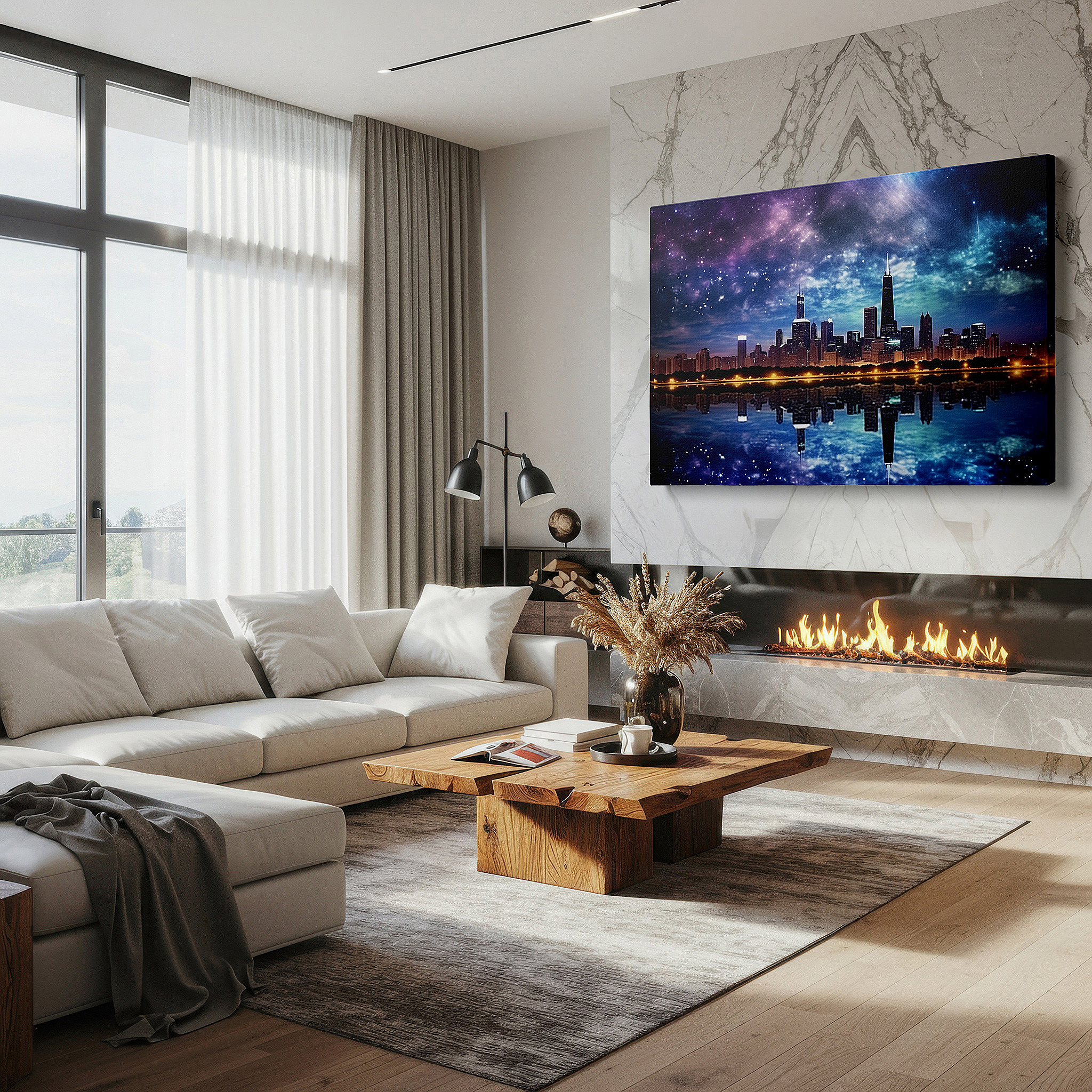 Aligned with a curated gallery wall of abstract artworks — chicago skyline with cosmic splendor: celestial cityscape fusion - large canvas wall art for office and bedroom decor