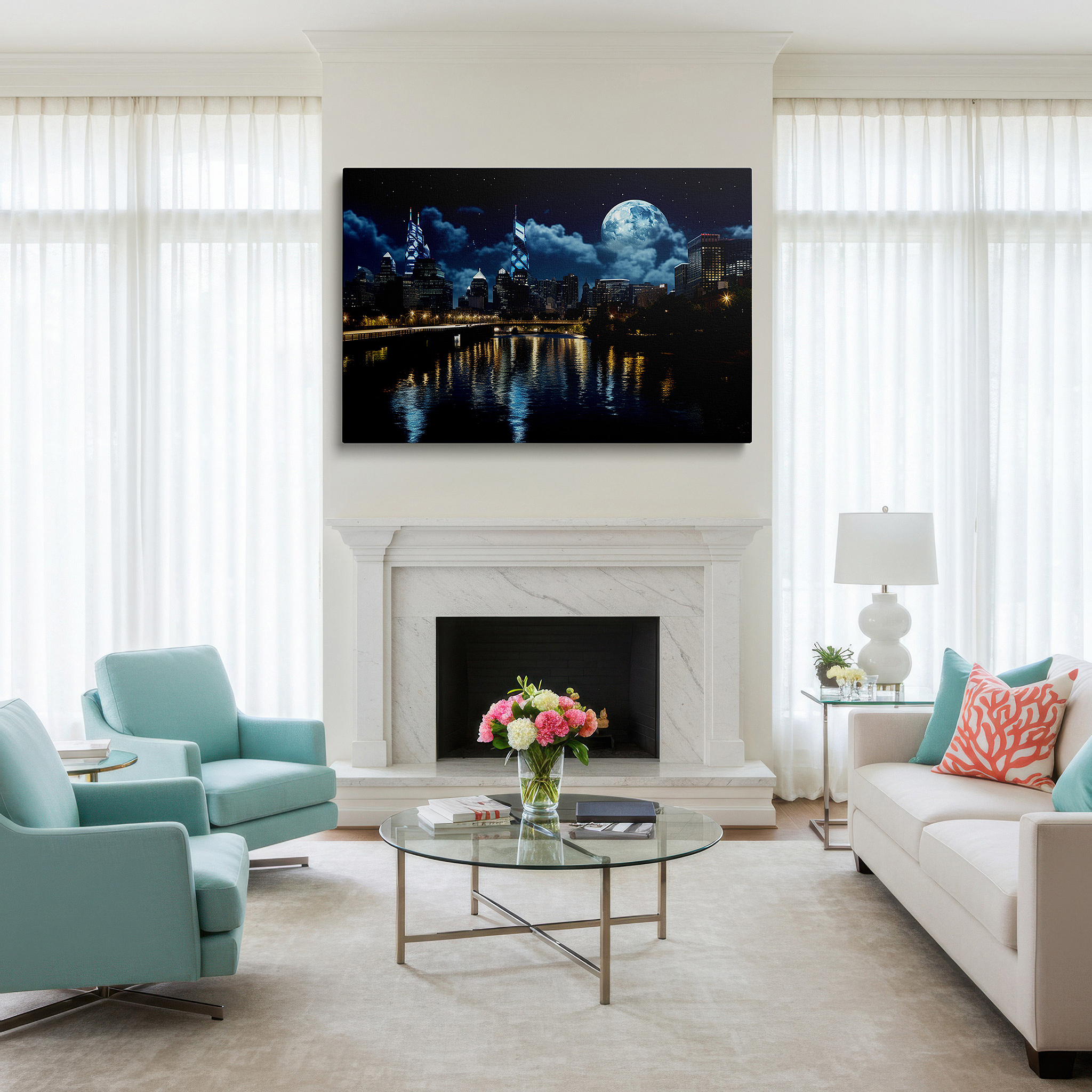 Aligned with a curated gallery wall of abstract artworks — city skyline at night - urban splendor and nature's serenity large wall art, canvas wall art, wall decor for office, bedroom, and living room