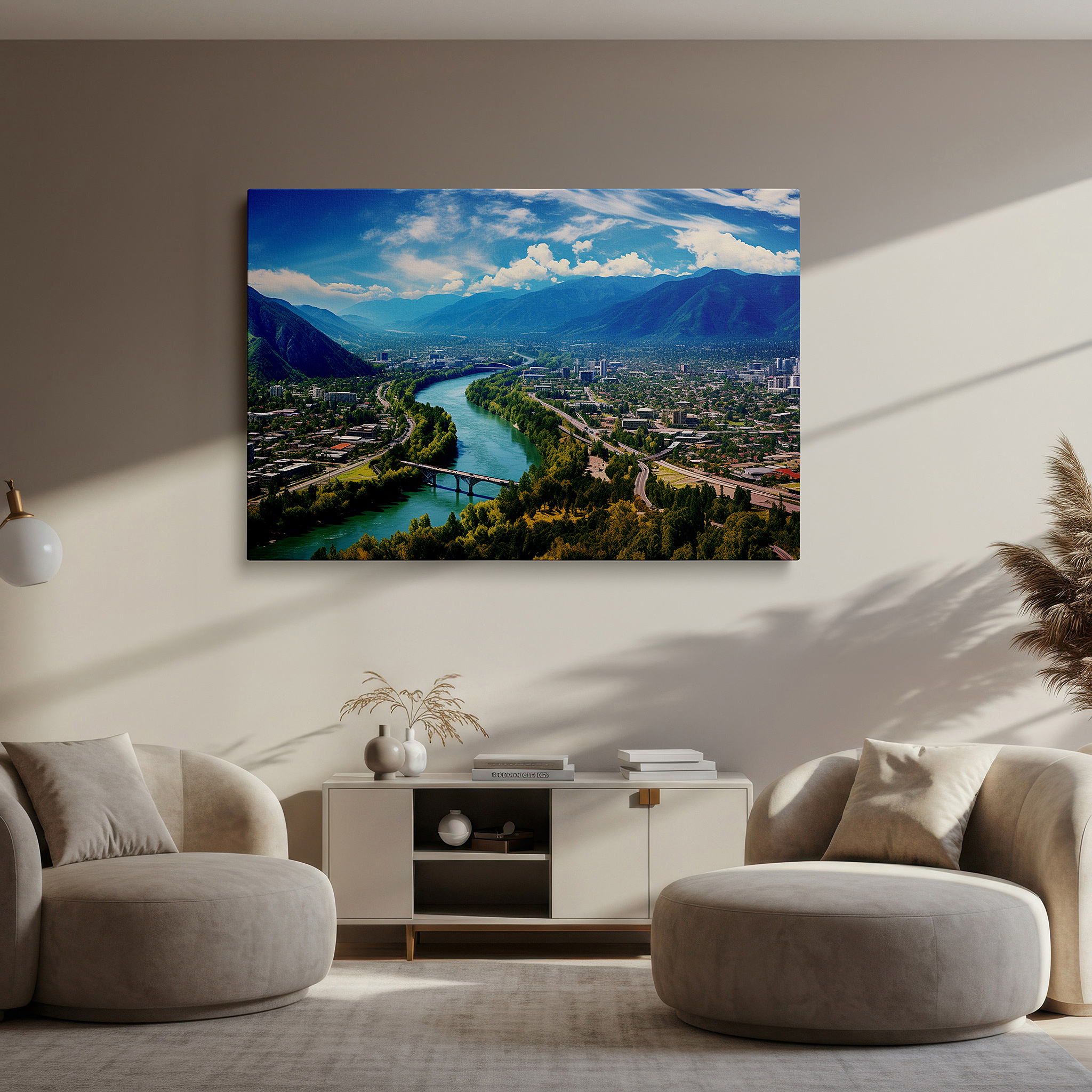 Aligned with a curated gallery wall of abstract artworks — cityscape and nature aerial symphony, majestic mountains and serene skies canvas wall art, large wall decor for office