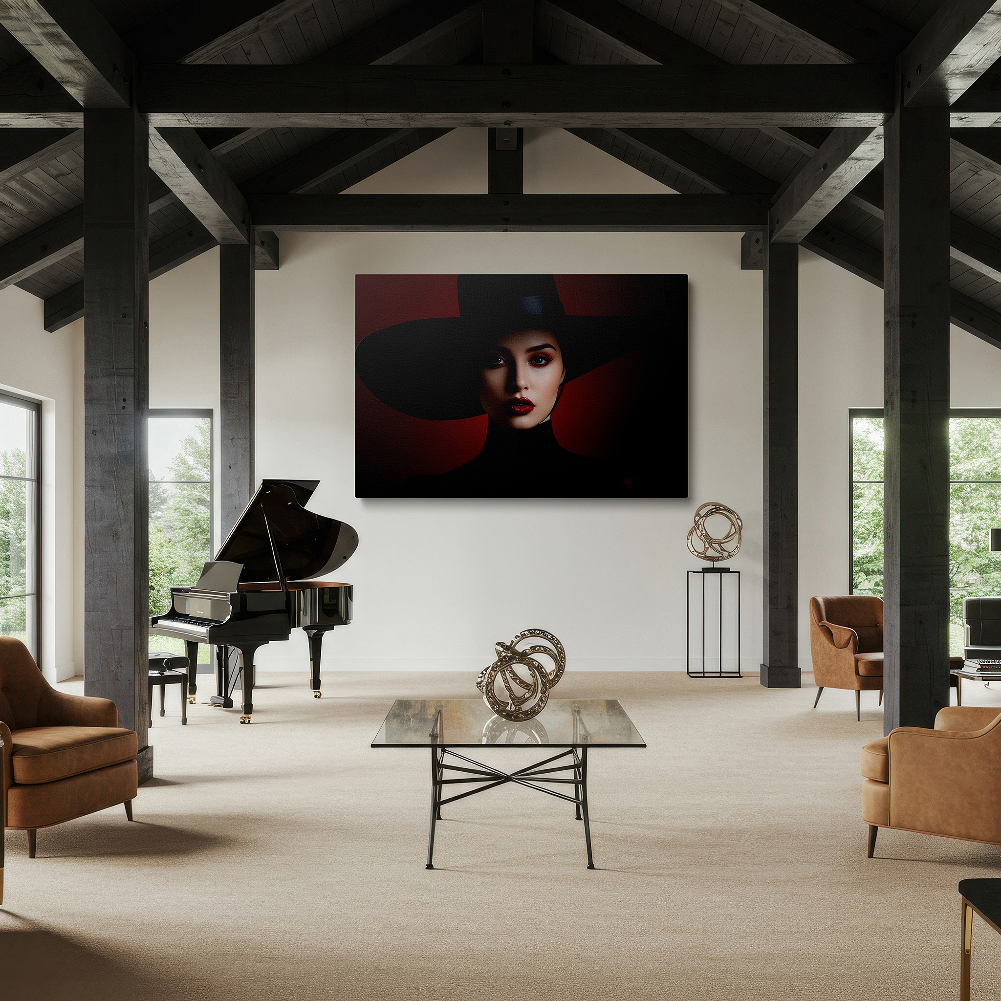 Aligned with a curated gallery wall of abstract artworks — contemporary chic: striking large wall art featuring a bold model in a black hat and red makeup, perfect for office or bedroom decor