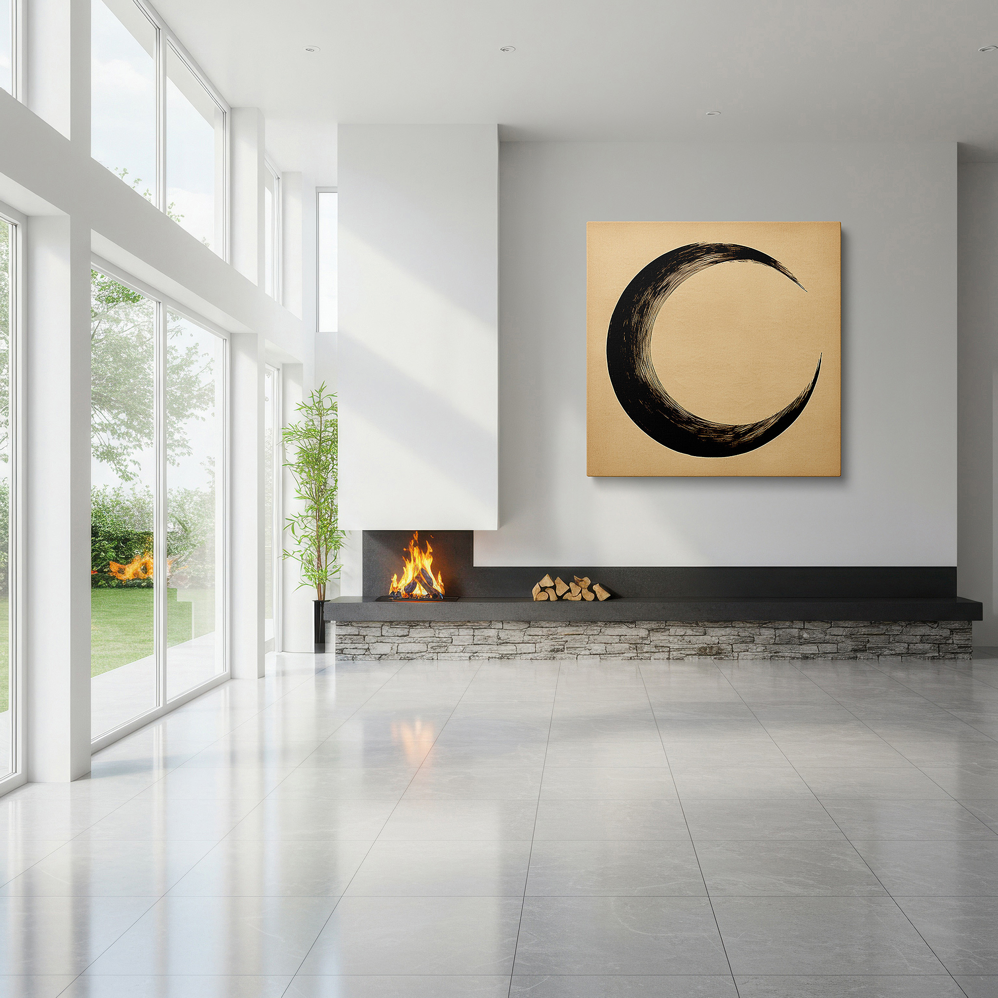 Aligned with a curated gallery wall of abstract artworks — crescent moon in bold black against twilight hues, tranquil large wall art for contemplation, canvas wall art, office wall decor