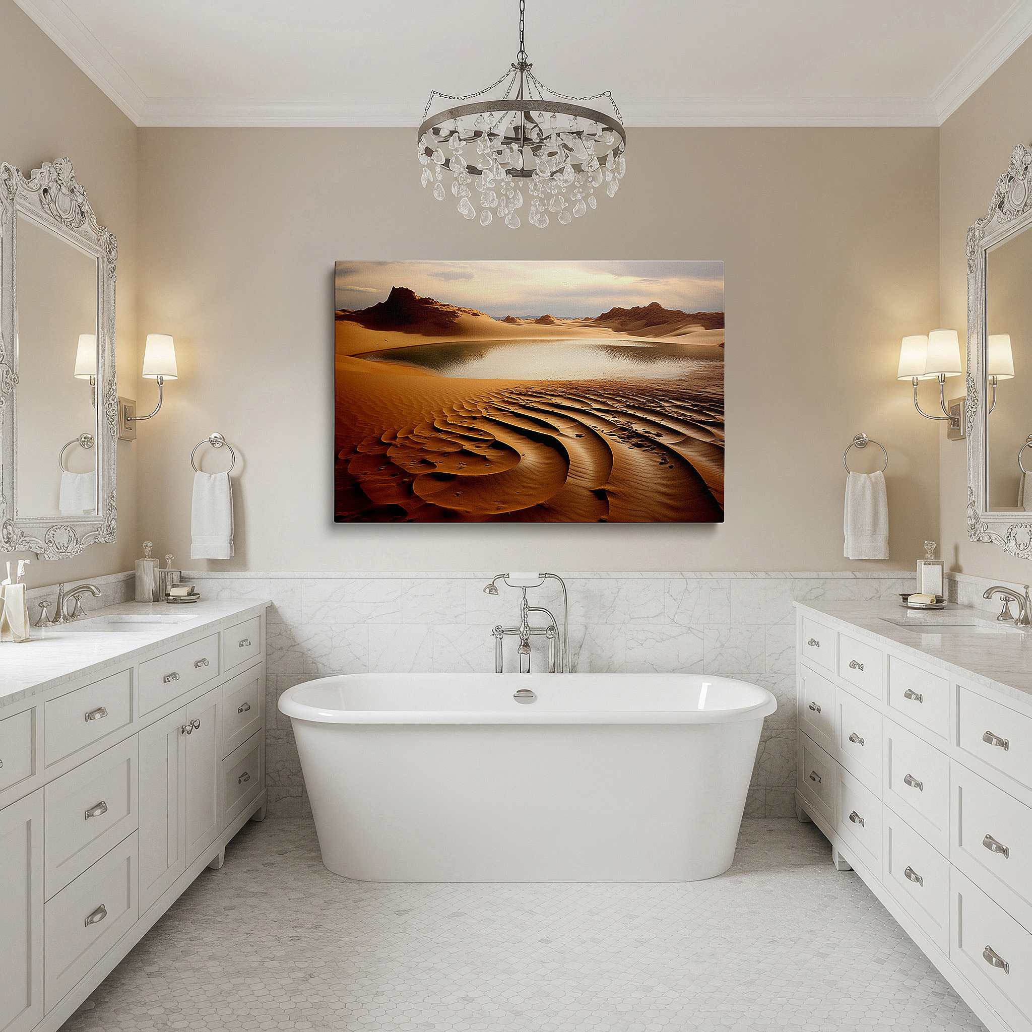 Aligned with a curated gallery wall of abstract artworks — desert oasis wall art: tranquil and vast serene landscape with sweeping sand dunes - large canvas for home or office decor