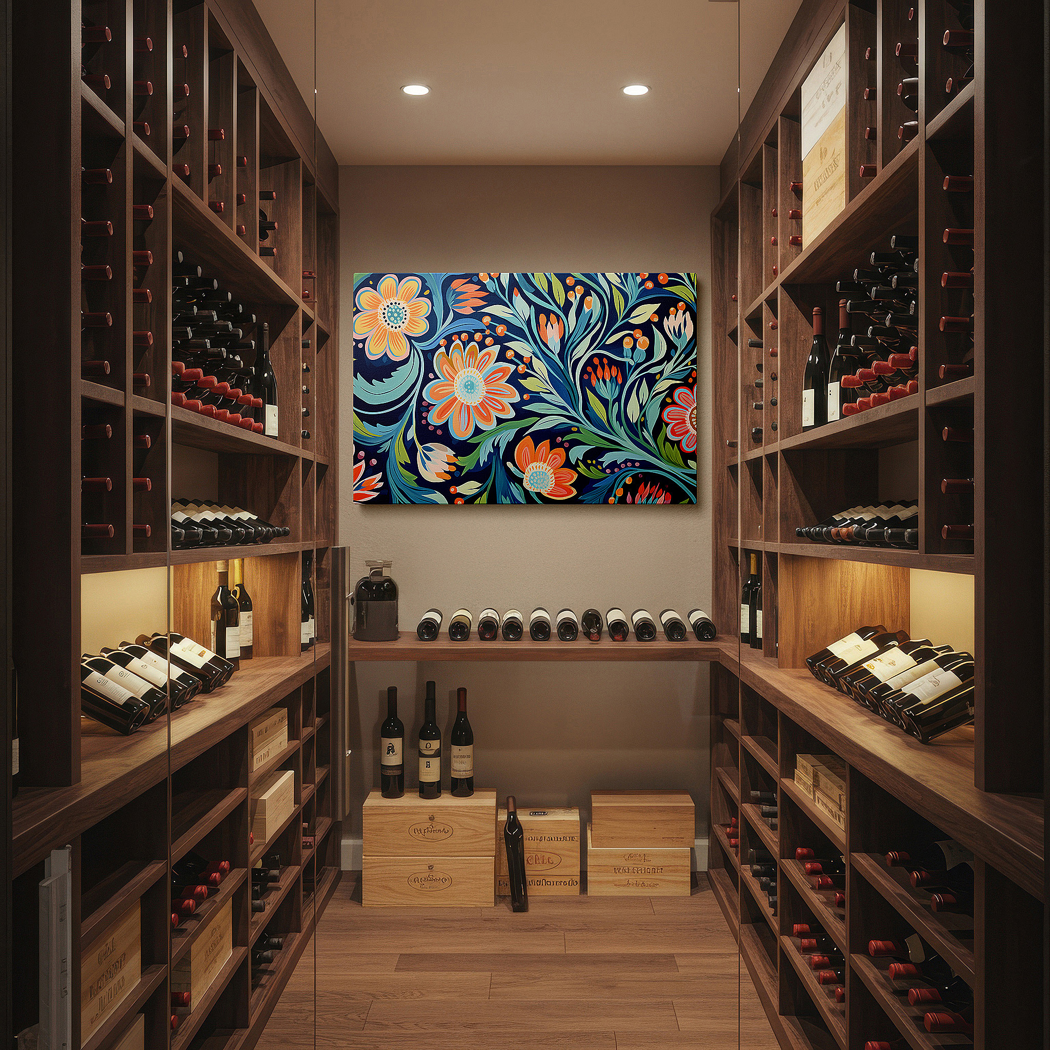 Aligned with a curated gallery wall of abstract artworks — dusk in floral paradise - serene and cheerful garden escape wall art for any room, large canvas art, office decor