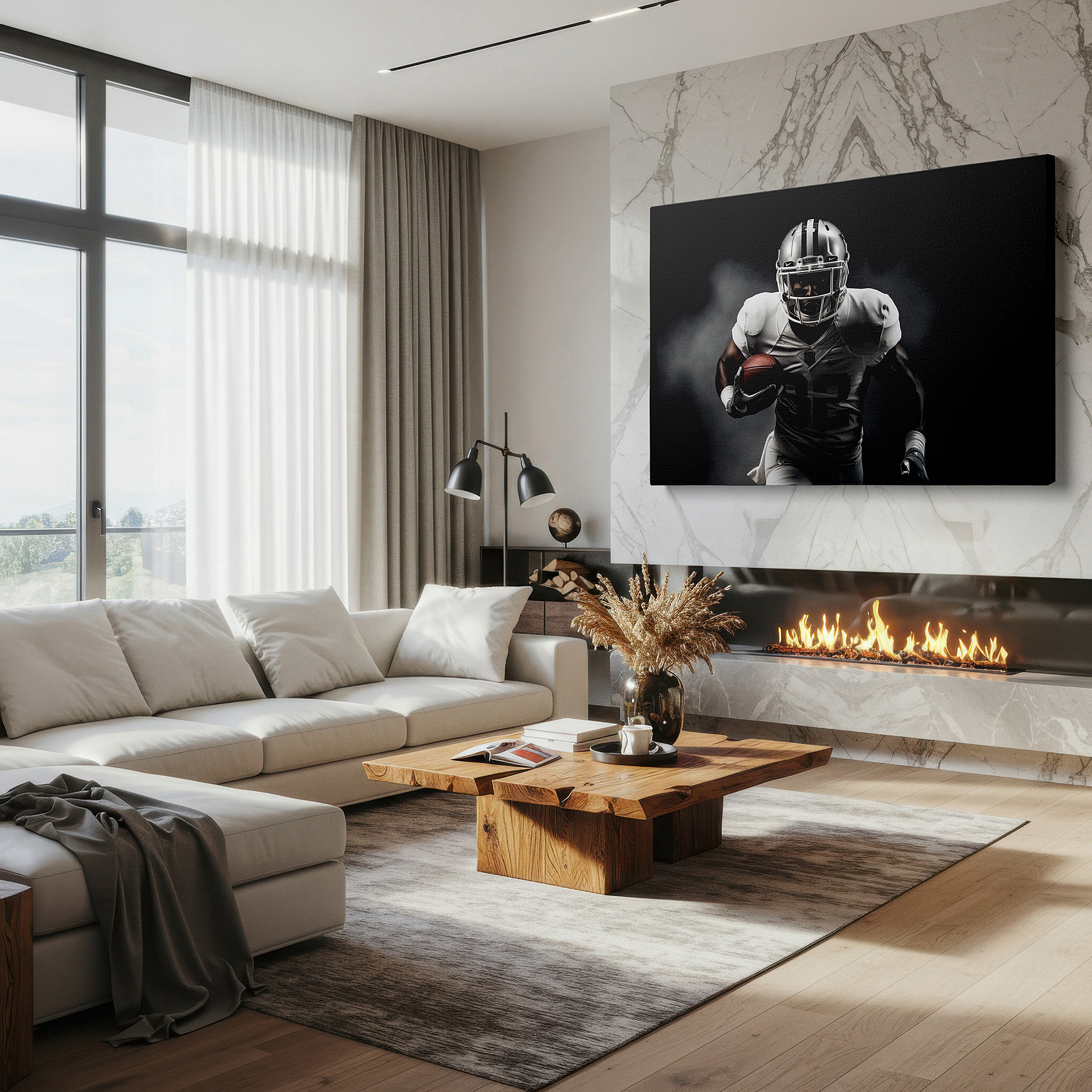 Aligned with a curated gallery wall of abstract artworks — dynamic football player action scene, showcasing power and concentration - large canvas wall art for office decor