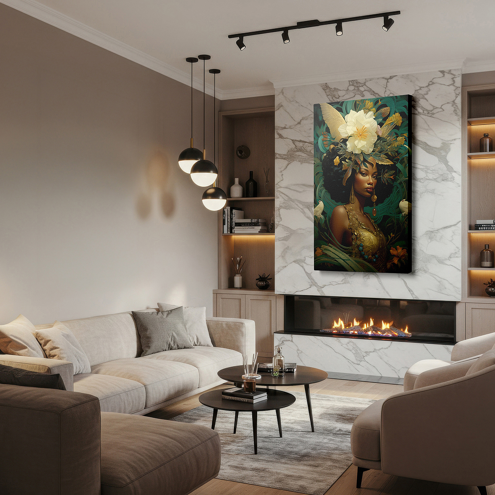 Aligned with a curated gallery wall of abstract artworks — elegant lady adorned with flower crown representing nature's grandeur and women's power, oversized wall art, canvas print, home office decor