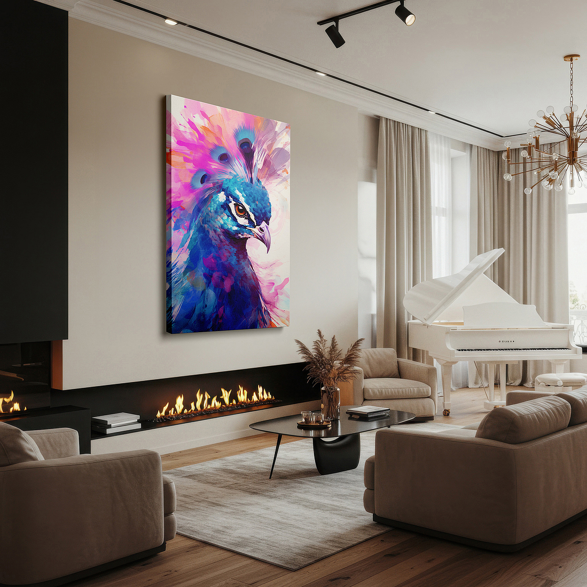 Aligned with a curated gallery wall of abstract artworks — elegant peacock display showcases beauty and luxury with bright colors and graceful splashes, large canvas wall art decor