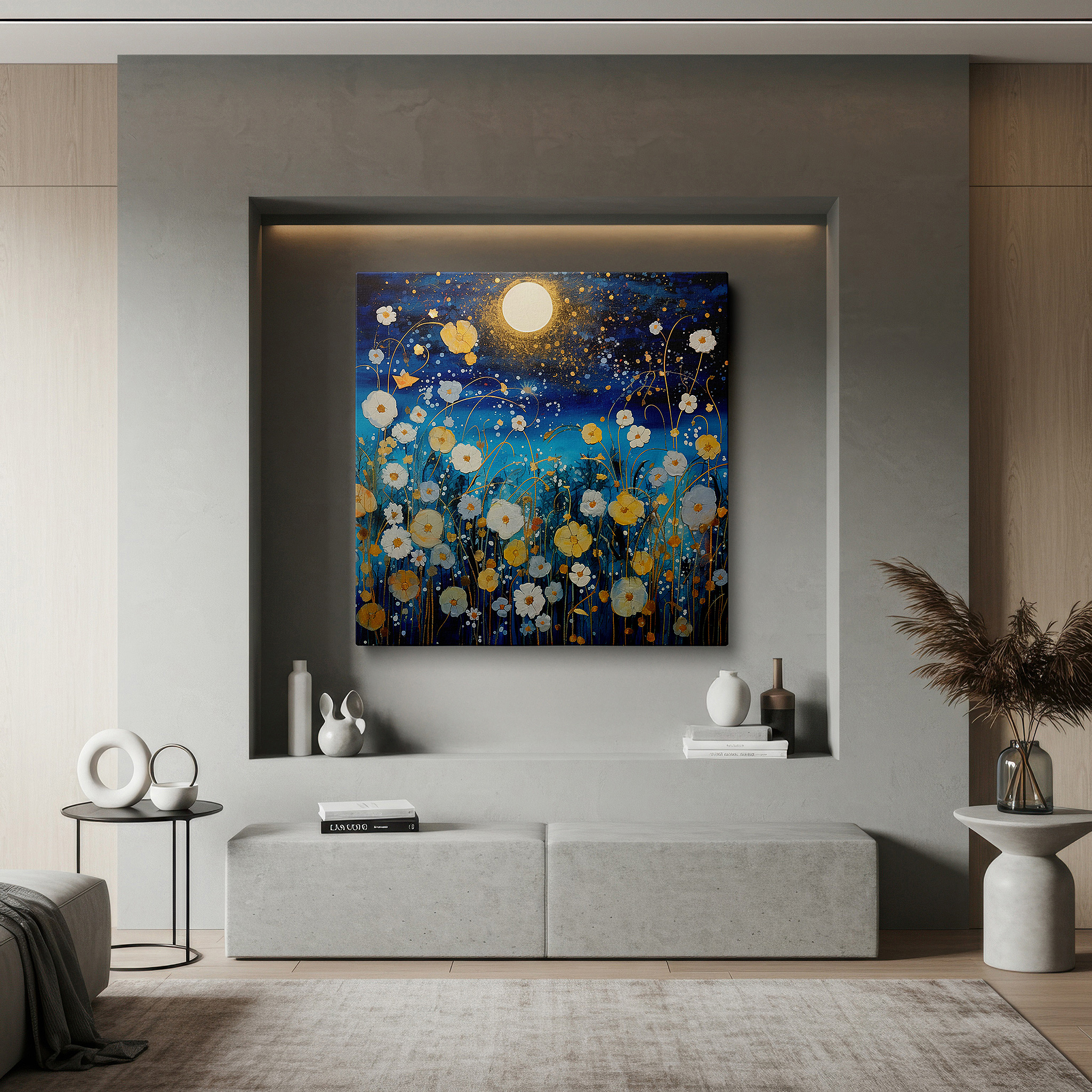 Aligned with a curated gallery wall of abstract artworks — ethereal blue moonlit garden - tranquil nighttime paradise with glowing flowers and soft gold highlights, large canvas wall art