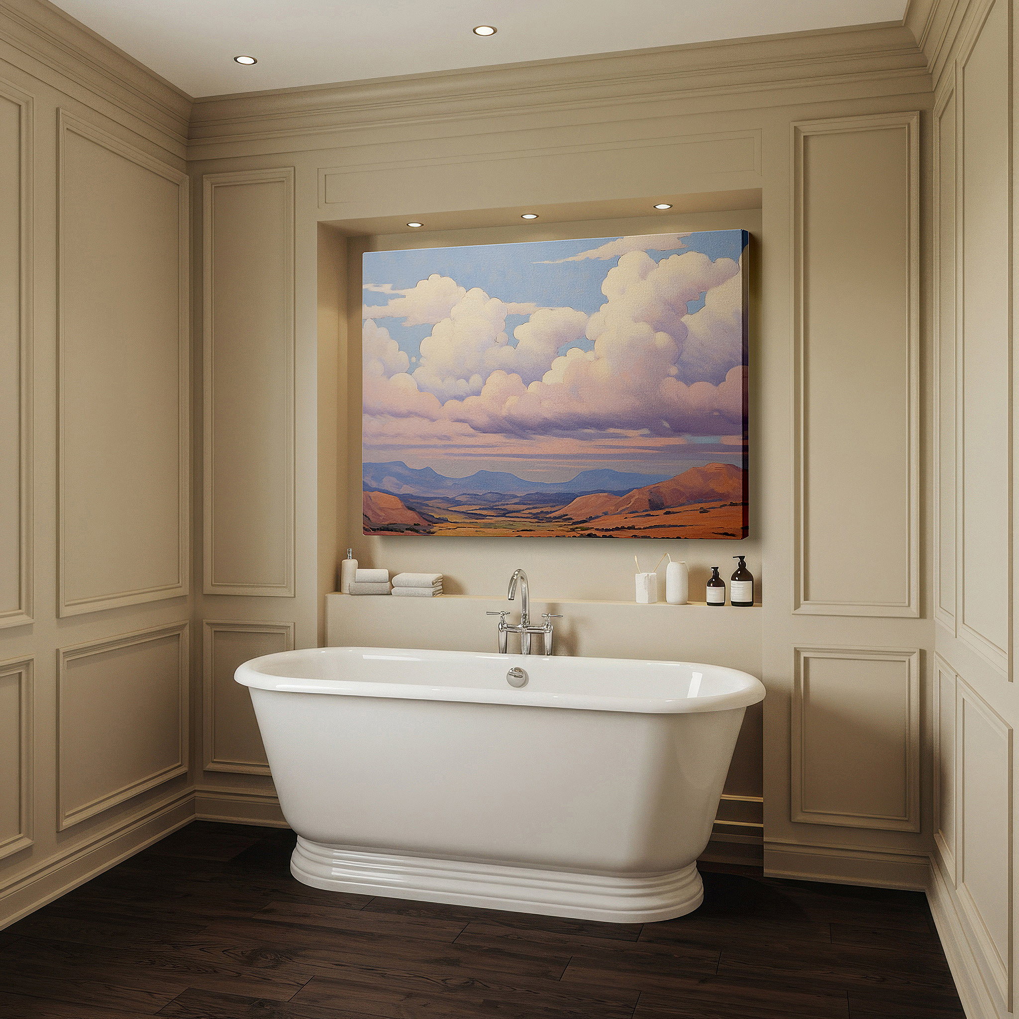Aligned with a curated gallery wall of abstract artworks — ethereal clouds and gentle mountains tranquil landscape large wall art, canvas wall art, wall art decor for office, bedroom, and living spaces